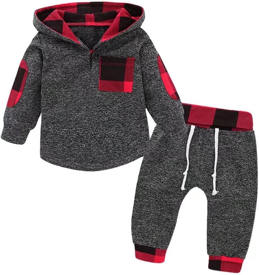 Baby Boy Clothes Toddler Infant Boys Fall Winter Outfit Long Sleeve Plaid Pocket Hoodie Tops + Pants 2Pcs