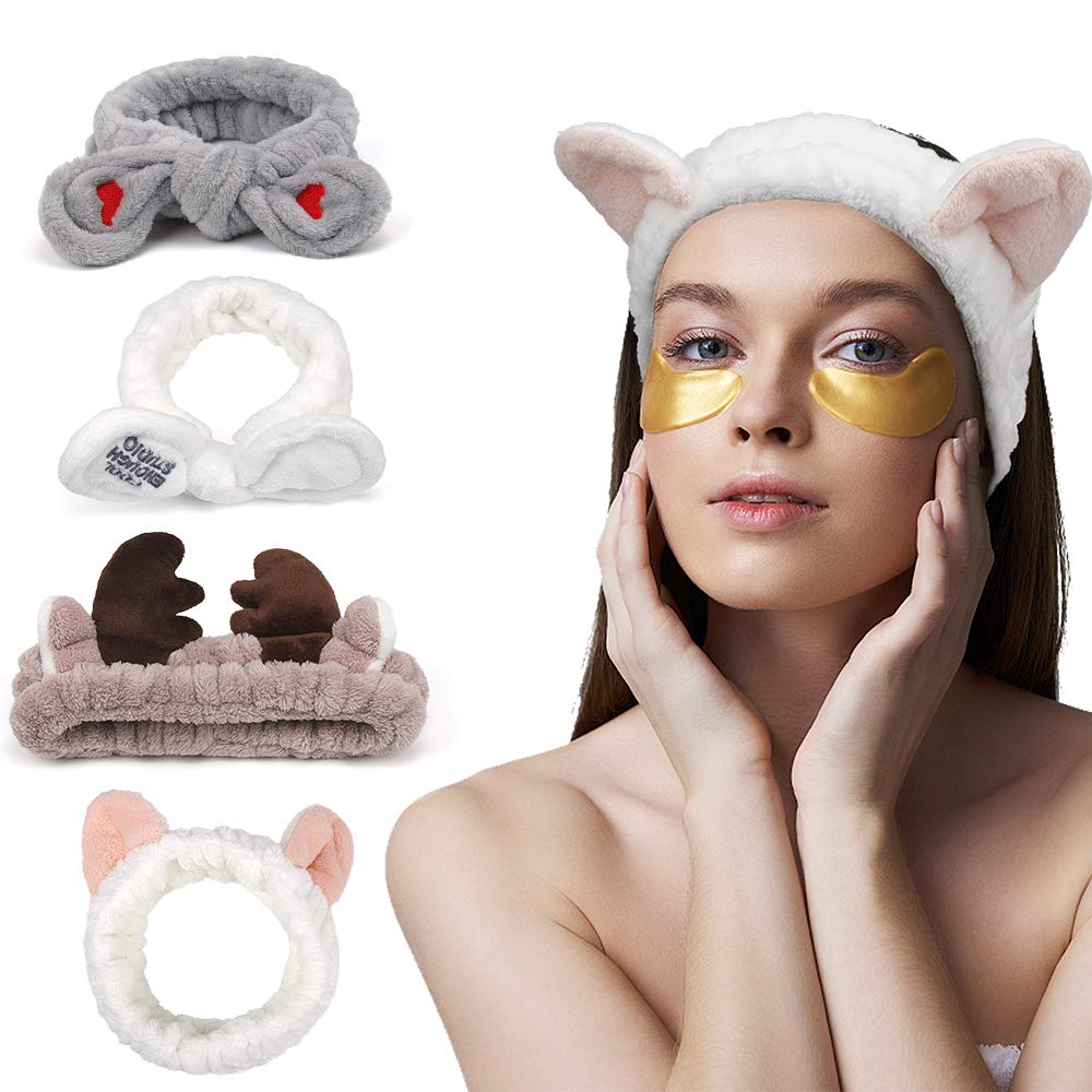 Animals Ears Headbands, Cute Makeup Spa Fuzzy Skincare Headband for Washing Face Headband for Women Girls Coral Fleece Elastic Hair Band Cosplay Makeup Party, 4Pcs