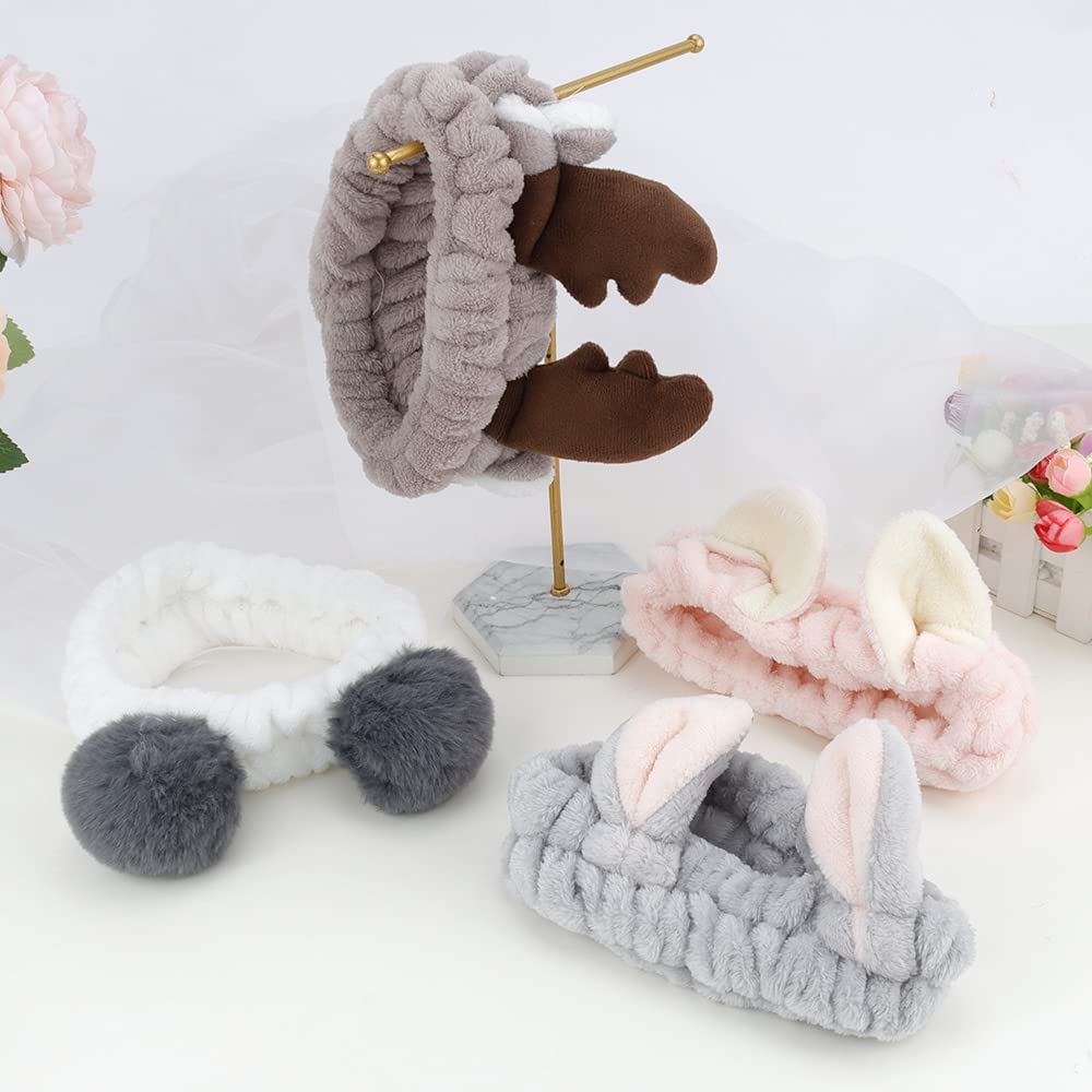 Animals Ears Headbands, Cute Makeup Spa Fuzzy Skincare Headband for Washing Face Headband for Women Girls Coral Fleece Elastic Hair Band Cosplay Makeup Party, 4Pcs