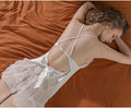 Lace Hollow Nightgown Satin Sling Sexy Lingerie V Neck Nightwear Chemise Suspender Skirt Set for Women