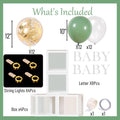 Baby Shower Balloon Boxes 4Pcs Clear Baby Blocks with Letters 4 Pack Led Fairy String Lights and 36Pcs Sage Green & Gold Balloons for Baby Shower Decorations，Birthday or Gender Reveal Parties
