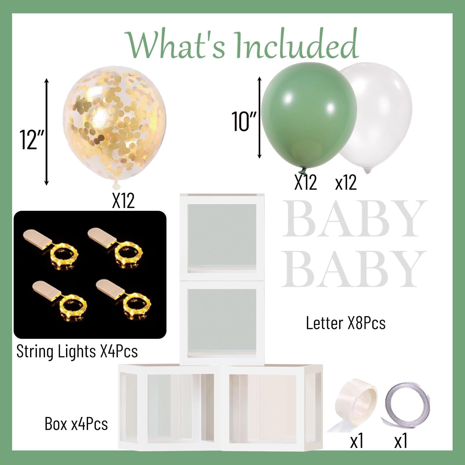 Baby Shower Balloon Boxes 4Pcs Clear Baby Blocks with Letters 4 Pack Led Fairy String Lights and 36Pcs Sage Green & Gold Balloons for Baby Shower Decorations，Birthday or Gender Reveal Parties