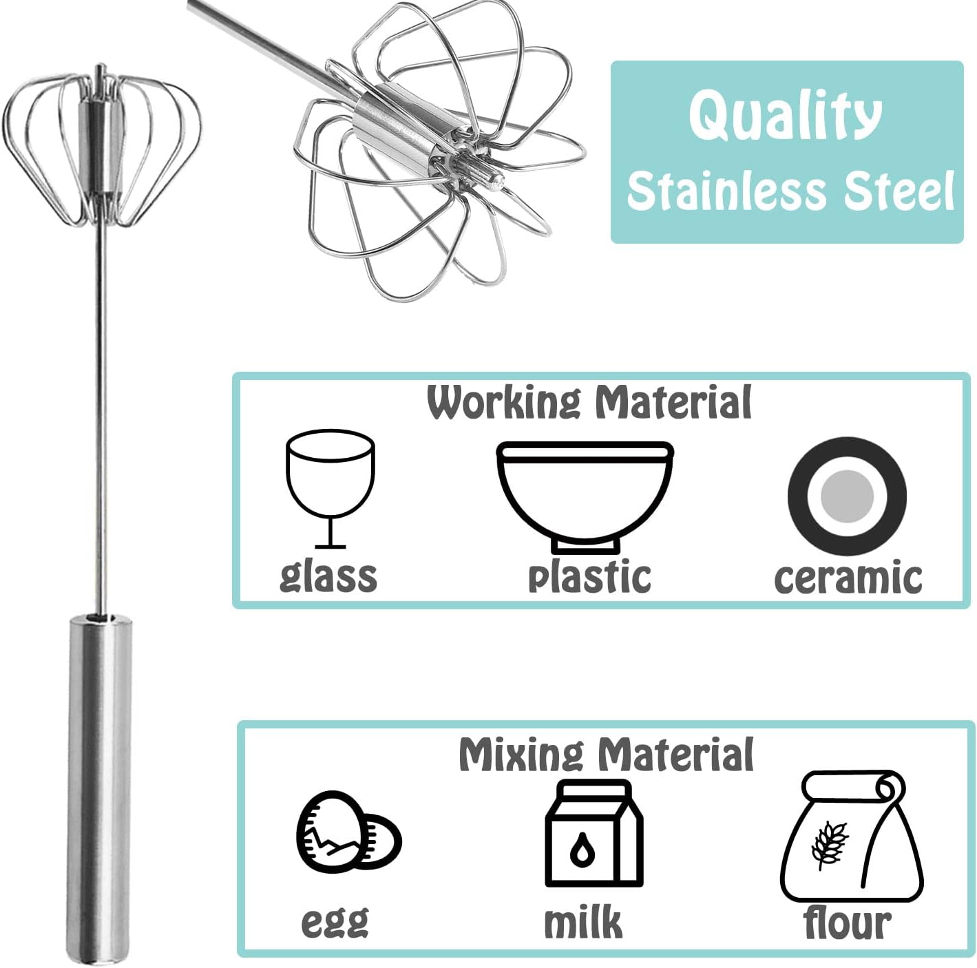 Semi-Automatic Whisk, Stainless Steel Egg Beater, Hand Push Rotary Whisks Mixer Stirrer for Making Cream, Whisking, Beating and Stirring (Silver)