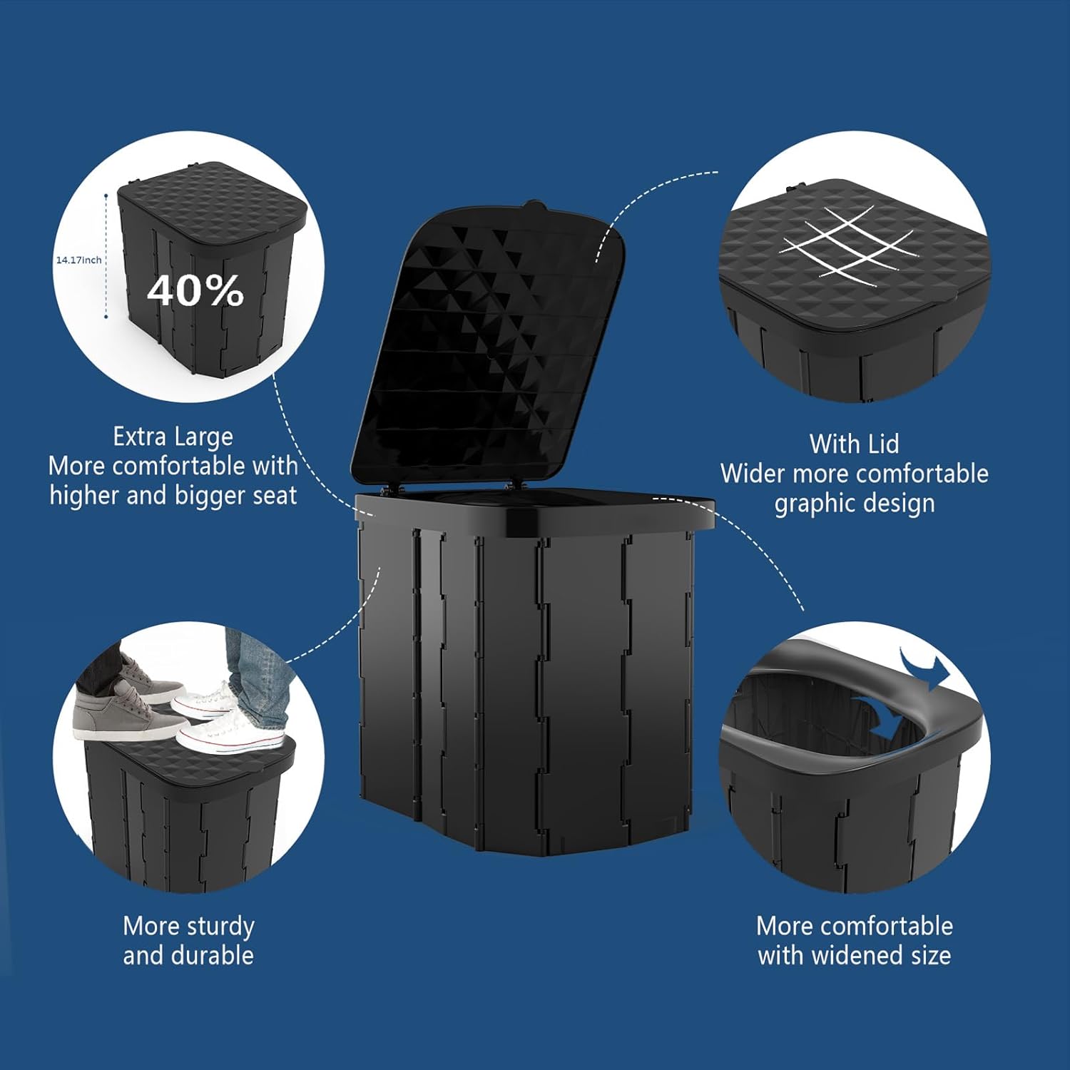 XL Portable Folding Toilet with Lid - Travel Portable Potty for Adults, 12 Toilet Bags, 12 Pack Liquid Waste Gel