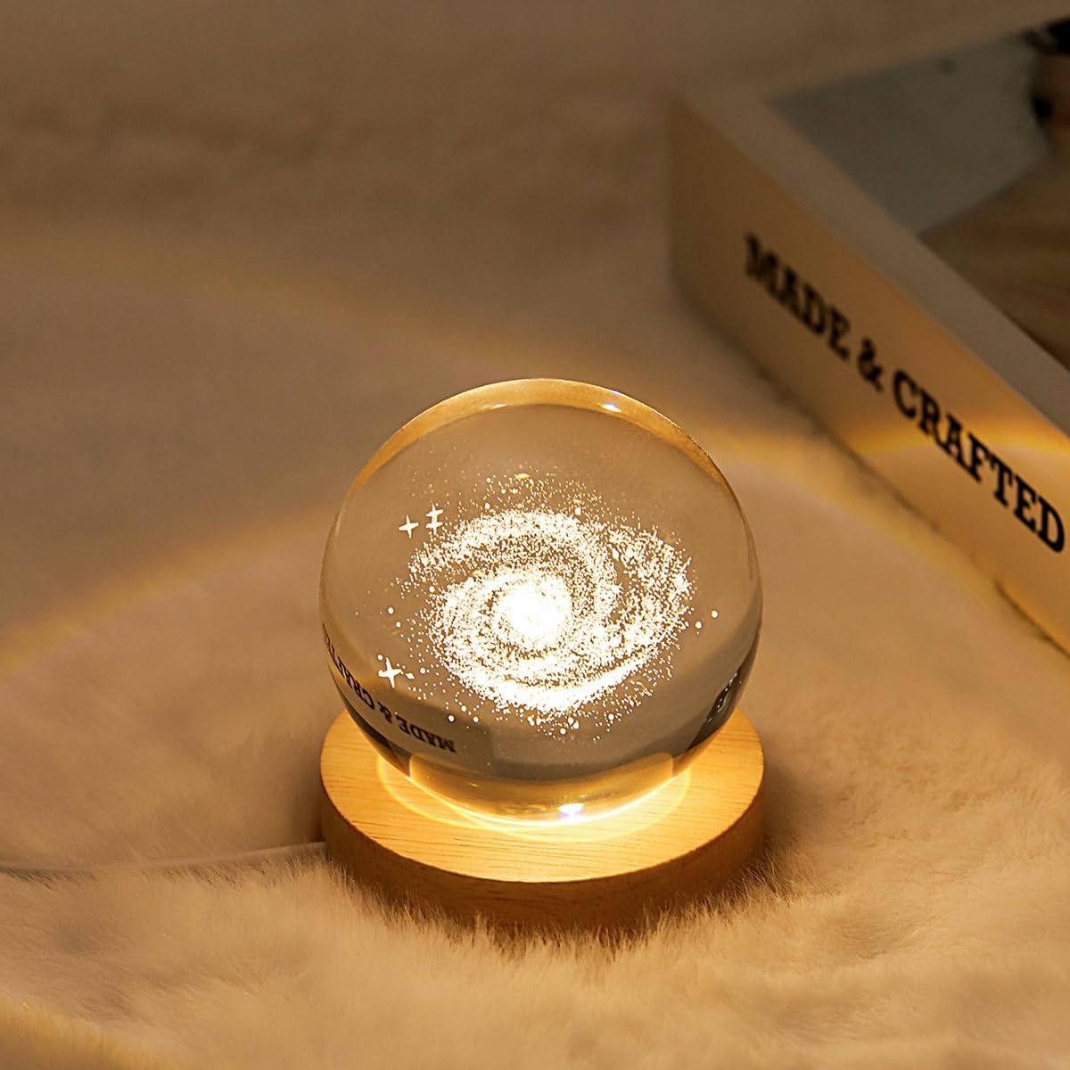 3D Galaxy Crystal Ball Lamp with Dimmable LED and Wooden Base, Night Light for Kids Teens Adults, Home Desk Office Bedroom Decor, Birthday Gift (2.4”/ 6Cm)