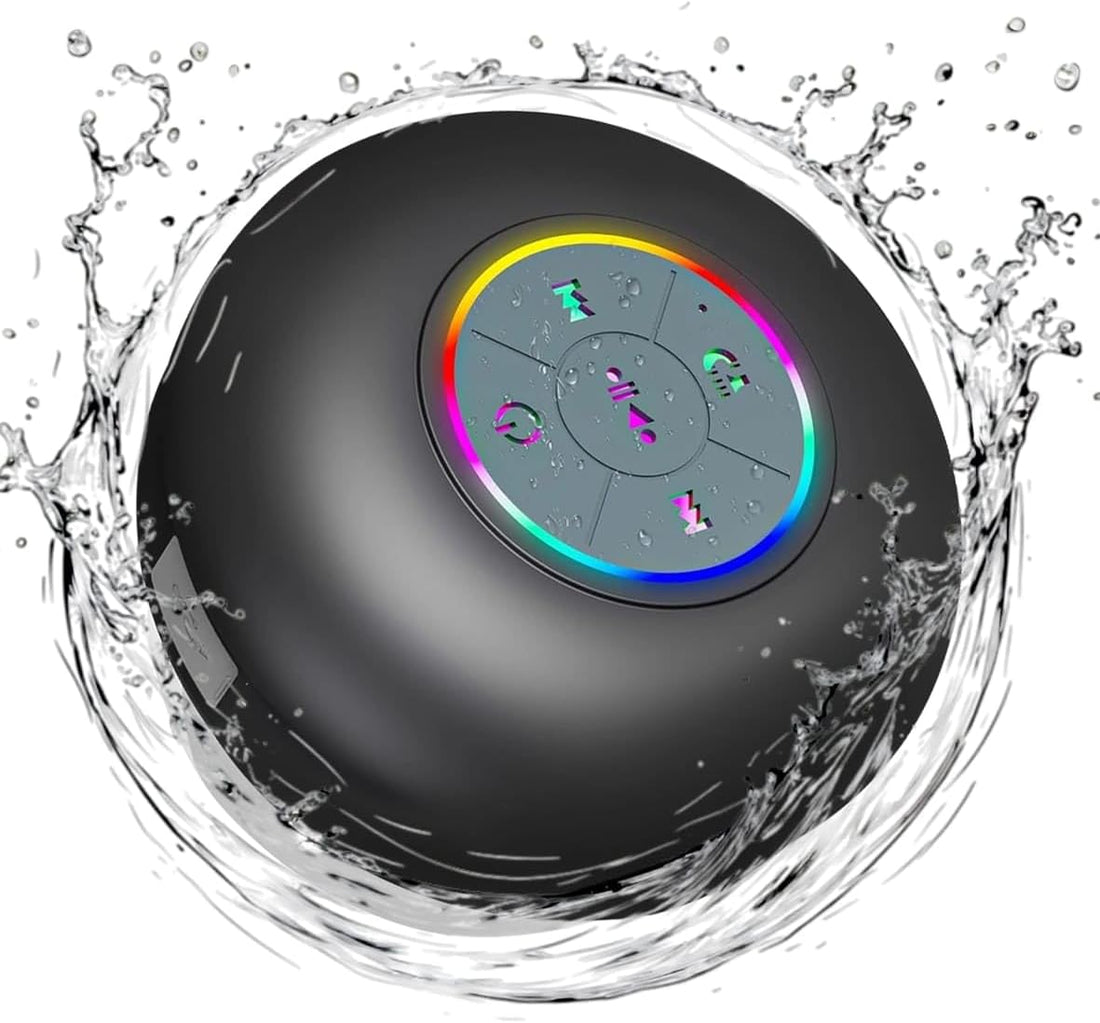 Waterproof Bluetooth Shower Speaker with LED, IPX4 Portable Wireless Hands-Free Mini Speaker, Built-In Mic, Suction Cup (Black)