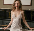Lace Hollow Nightgown Satin Sling Sexy Lingerie V Neck Nightwear Chemise Suspender Skirt Set for Women