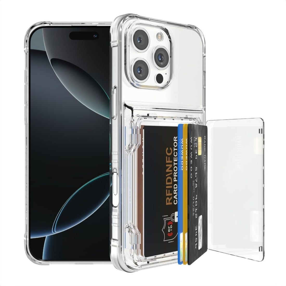 For Iphone 16 Pro Max Clear Wallet Case with RFID Blocking Card, up to 5 Cards, Hybrid Protective Case with Card Holder, TPU + PC, Anti-Yellowing, 6.9" 2024
