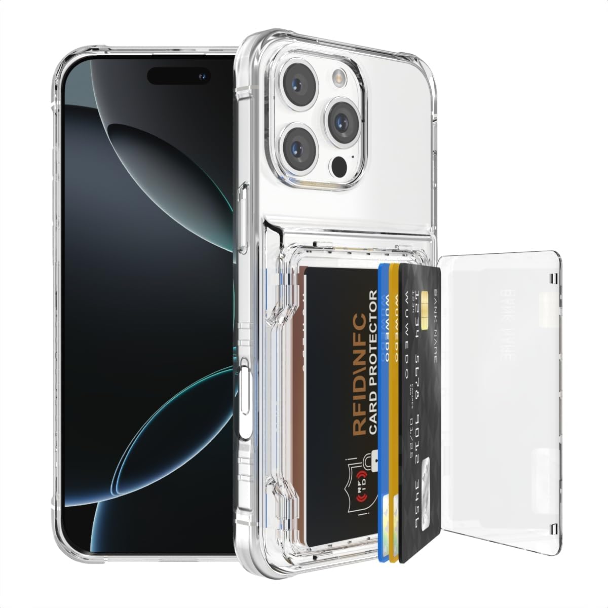 For Iphone 16 Pro Max Clear Wallet Case with RFID Blocking Card, up to 5 Cards, Hybrid Protective Case with Card Holder, TPU + PC, Anti-Yellowing, 6.9" 2024