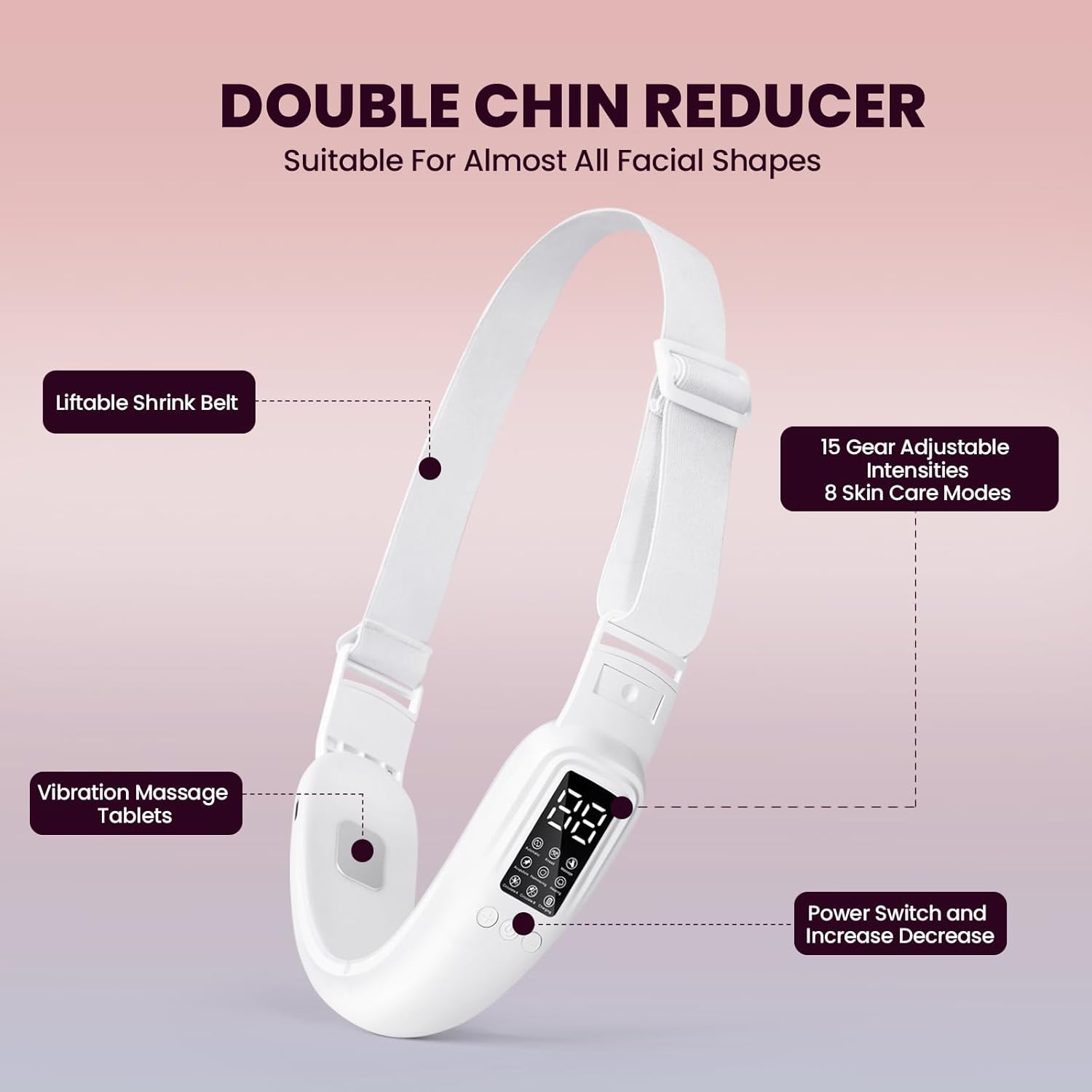 Electric Double Chin Device and V-Face Machine with 8 Modes and 15 Gear Adjustable Intensities - Intelligent Double Chin Machine for V-Face