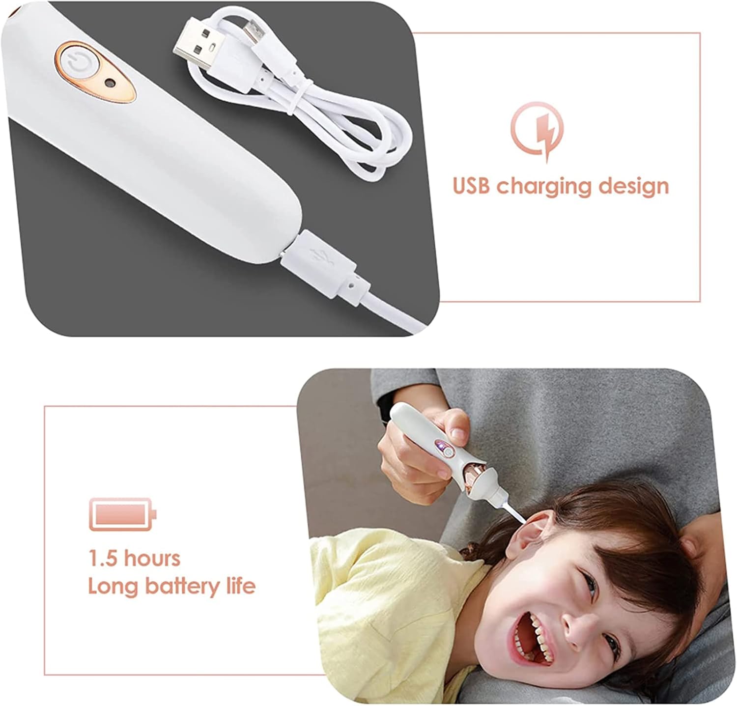 5-In-1 Electric Ear Scoop Electric Children'S Ear Scoop Safety Painless Earwax Remover Cordless Vacuum Ear Wax Cleaning Tool Painless Ear Cleaning Tool for Whole Family,White