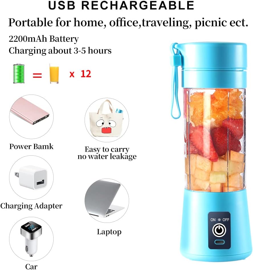 Portable Electric USB Juicer Blender Cup - Mini Blender for Shakes, Smoothies & Juice - 380Ml, Six Blades - Blue