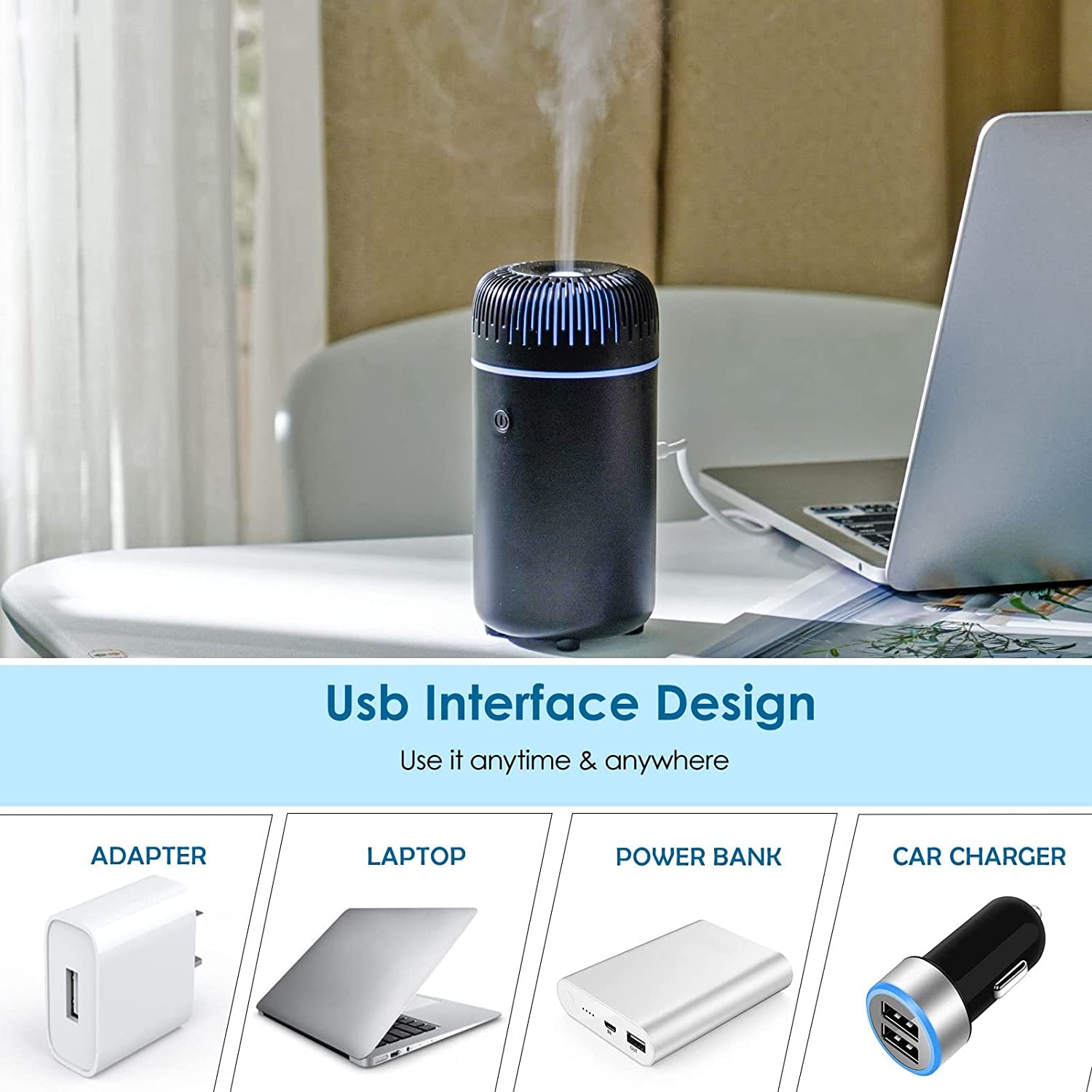 Car Diffuser Humidifier USB Aromatherapy Essential Oil Air Freshener USB Cool Mist Mini Portable Diffuser for Car Home Office Bedroom (Black)