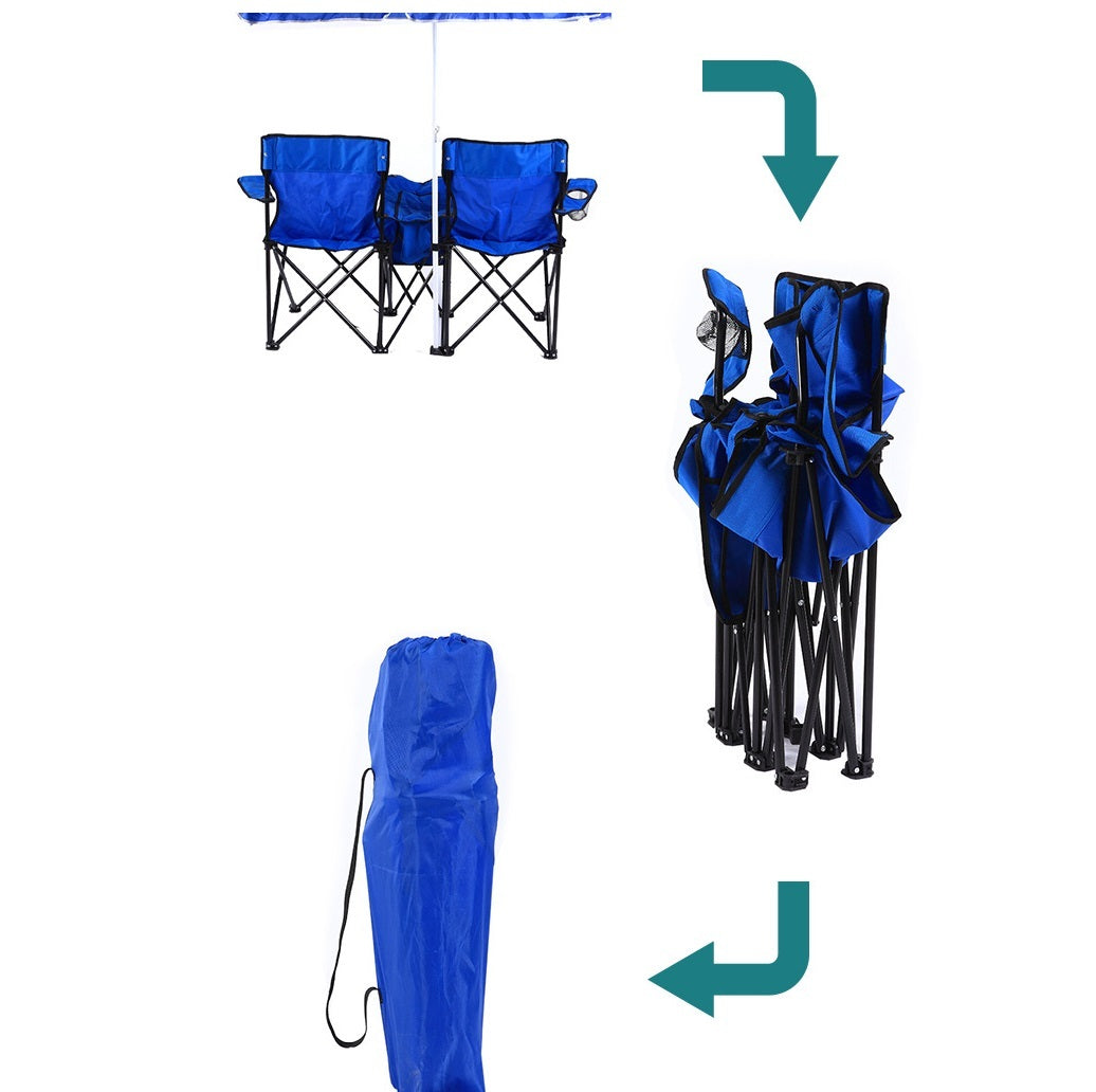 Set of blue camping chairs with a carrying case on a white background