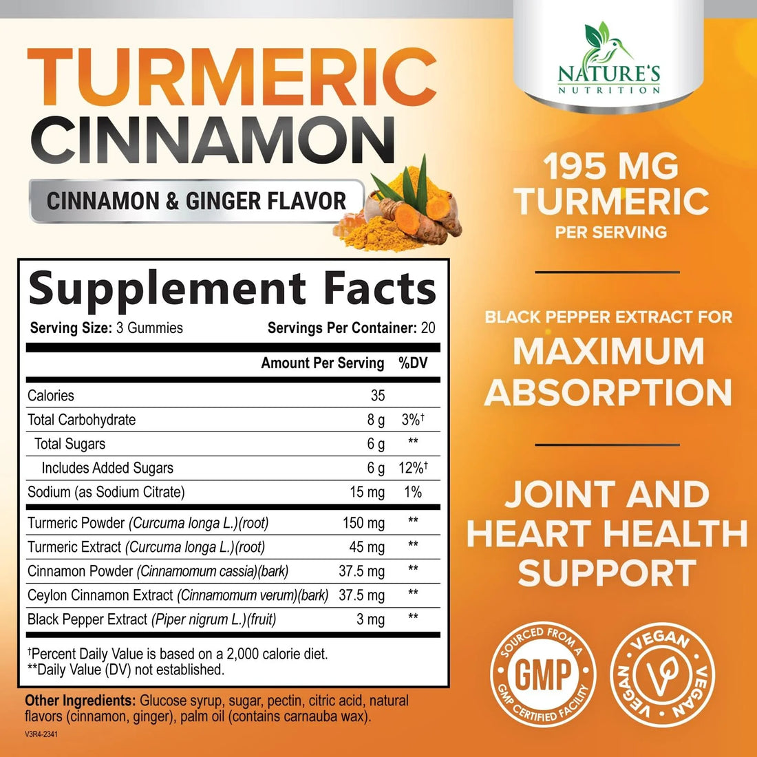 Turmeric Curcumin Gummies 95% Curcuminoids with Cinnamon, Ginger & Black Pepper Extract for Max Absorption Joint Support Supplement, Nature'S Herbal Turmeric Gummy Pills, Vegan Non-Gmo - 60 Gummies