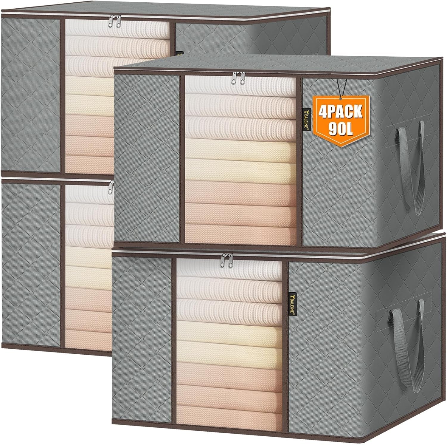 2 Pack Clothes Storage Bags, 24 Gallon Storage Containers with Reinforced Handle, Sturdy Zipper, Closet Organizer for Blanket, Comforter, Pillow, Bedding (Grey, 2 Pack)
