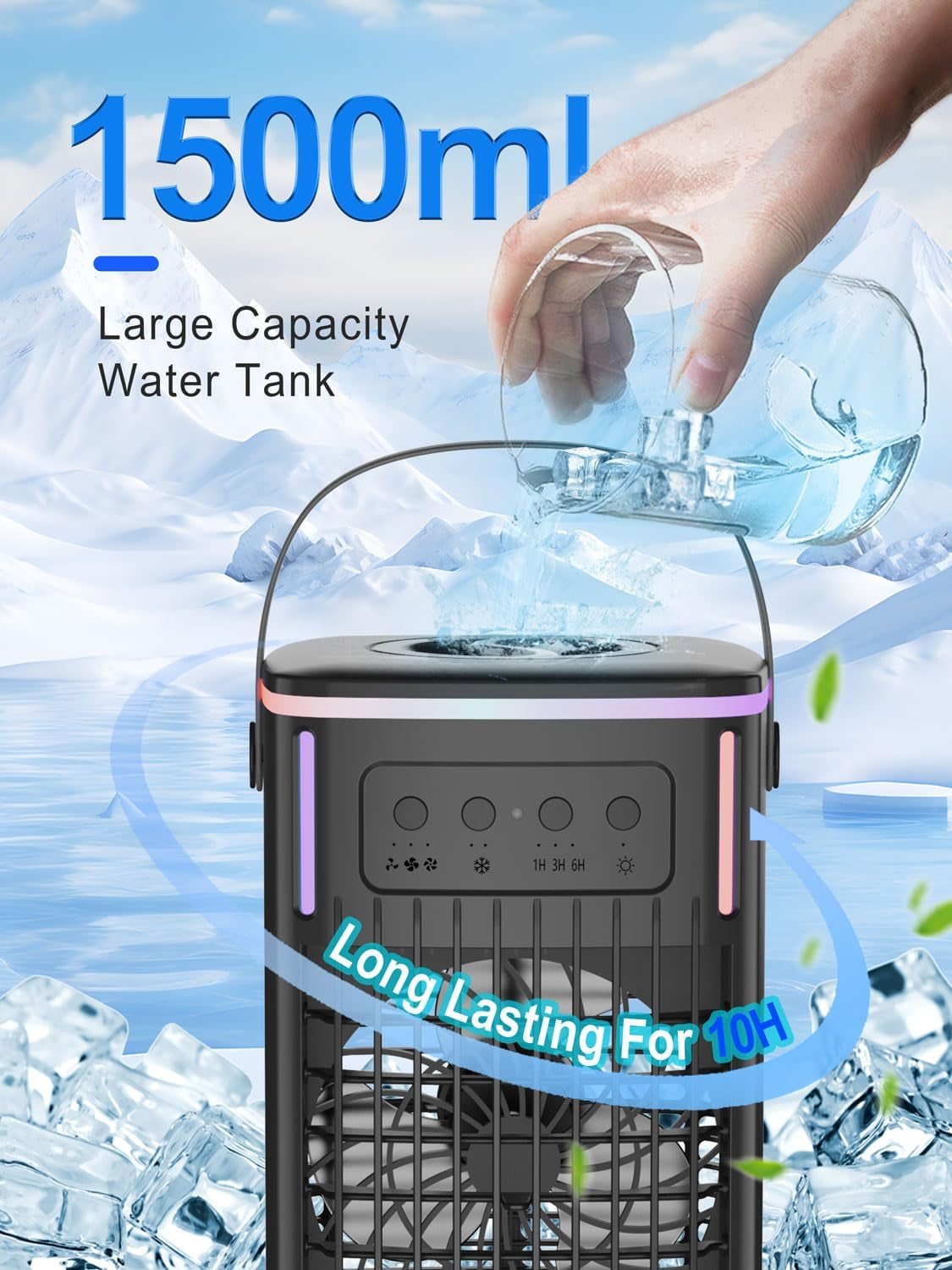 Portable Air Conditioners Fan with Remote,1500Ml Tank, 1-6H Timer, 3 Wind Speeds, Personal Mini Air Cooler with Humidifier for Room Bedroom Desktop Office (Black)