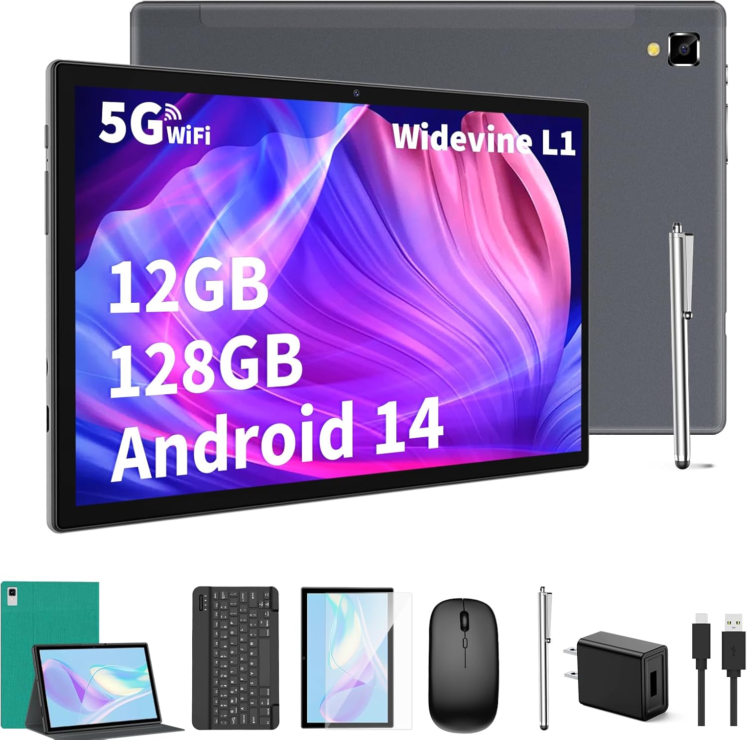 Android Tablet with Keyboard,10 Inch Android 14 Tablets, 12GB RAM 128GB ROM, 1TB Expand, 8000Mah, 2.4G/5G Wifi, Bluetooth, GMS Certified, with Case, Mouse, Stylus Tablet PC (Black)