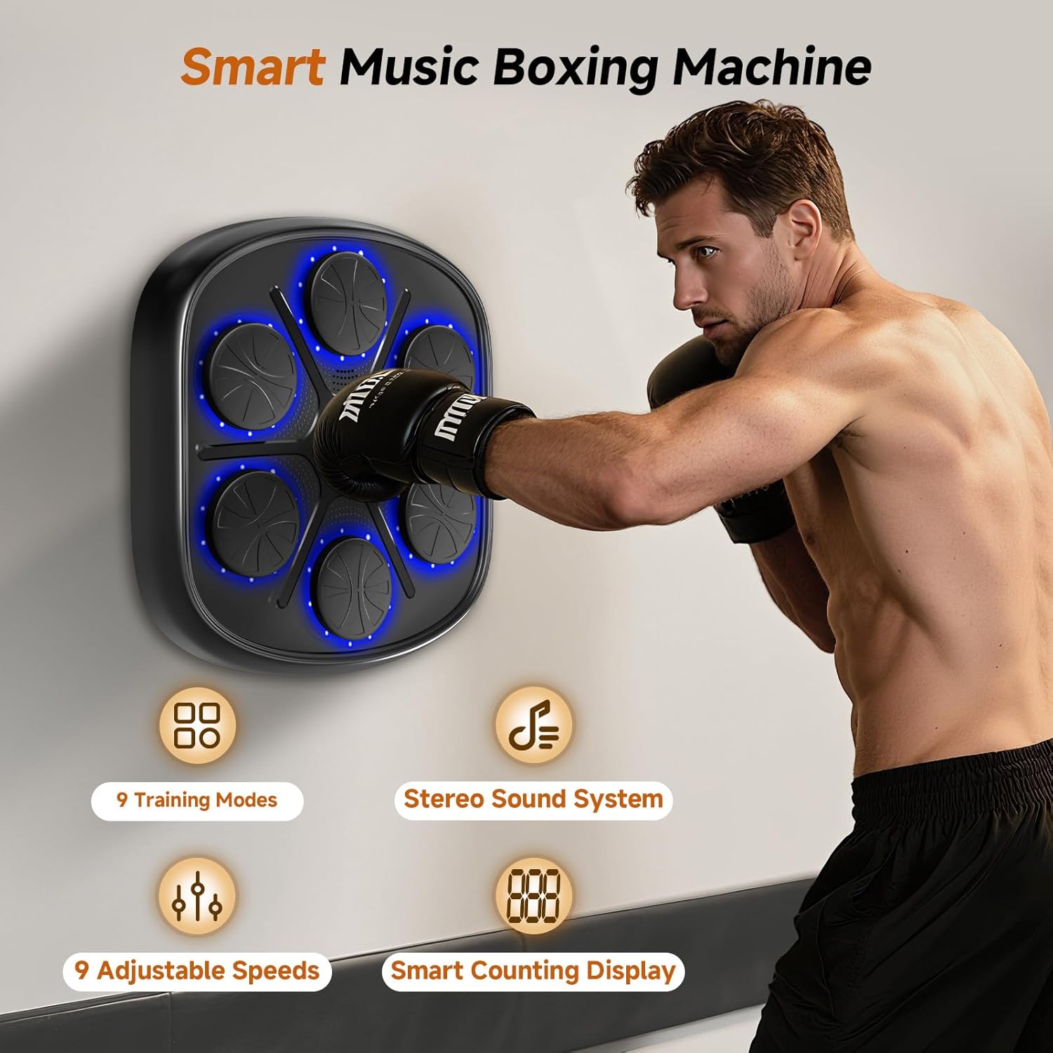Upgraded Large Size Music Boxing Machine for Kids & Adults, Smart Bluetooth Boxing Machine Wall Mounted with LED, 9 Modes & 9 Speeds, Punching Workout Machine with Boxing Gloves