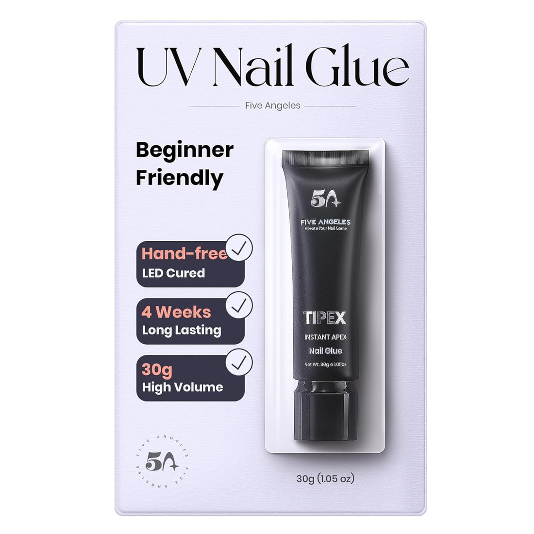Tipex UV Gel Nail Adhesive, 30G Solid for Soft Acrylic Tips, Long Lasting Strong Bonding for 28+ Days, Large Volume Tube, Rhinestone Glue for Nail Art