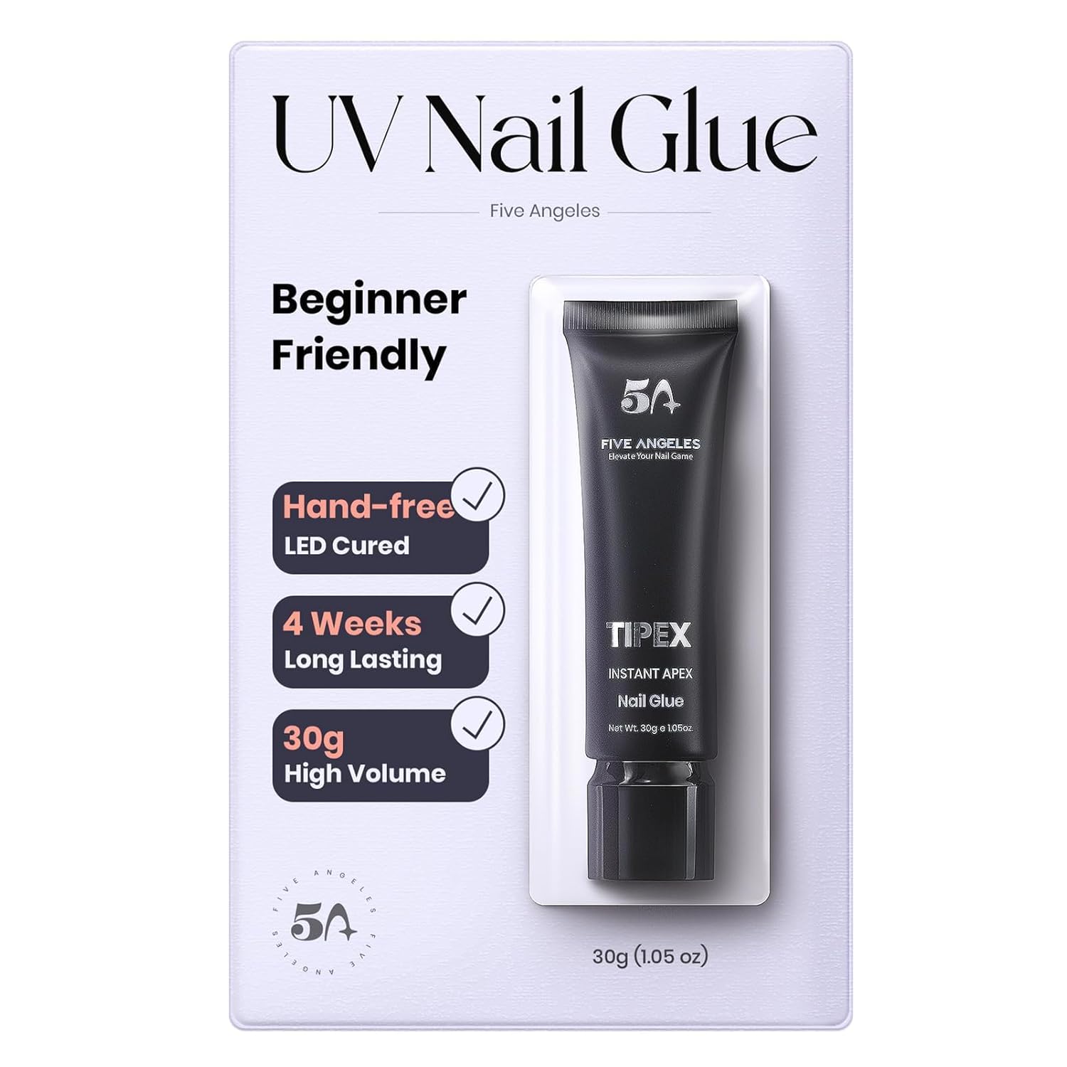 Tipex UV Gel Nail Adhesive, 30G Solid for Soft Acrylic Tips, Long Lasting Strong Bonding for 28+ Days, Large Volume Tube, Rhinestone Glue for Nail Art