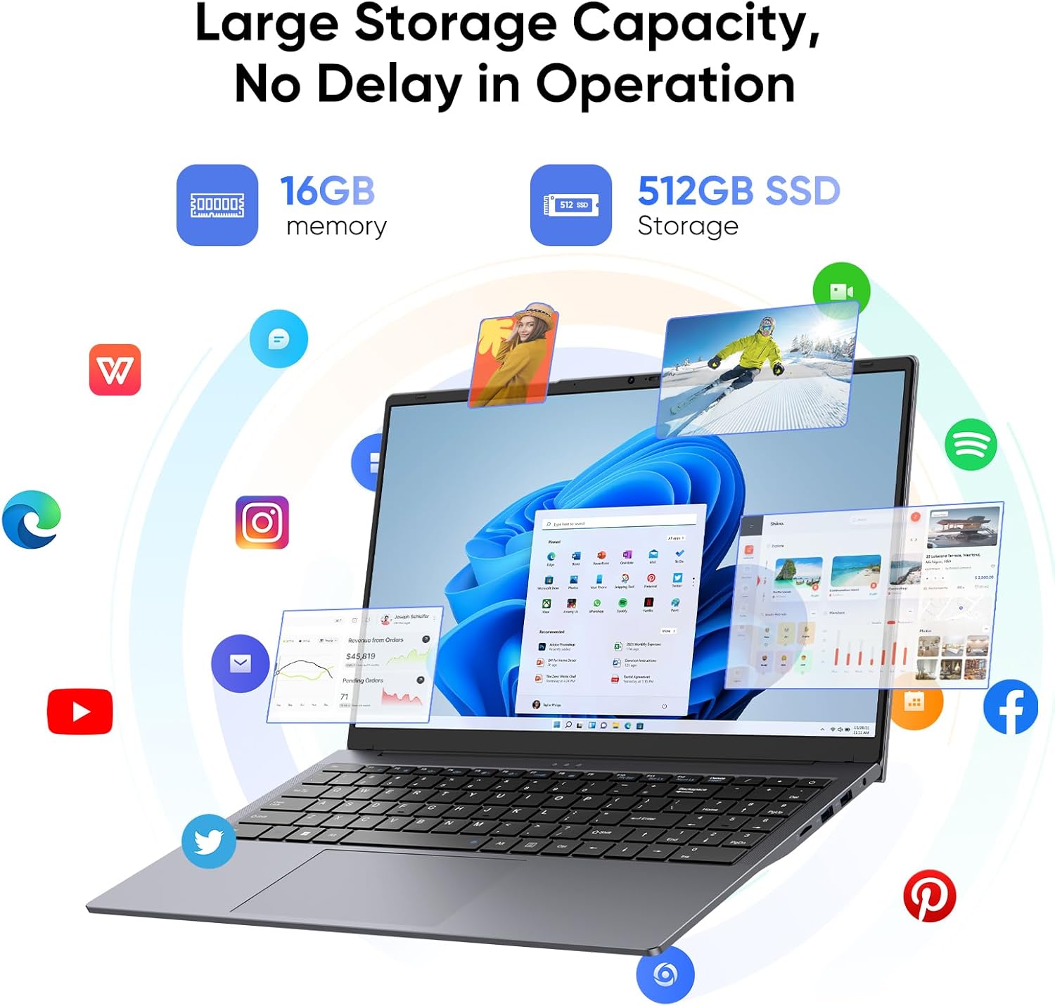 15.6" Laptop, 16GB RAM 512GB SSD, Intel Core Processor, Windows 11 Pro, MS Office 2024, Full HD Display, USB-C, HDMI, Thin & Lightweight Business Notebook for Work, Study, Home (Gray)