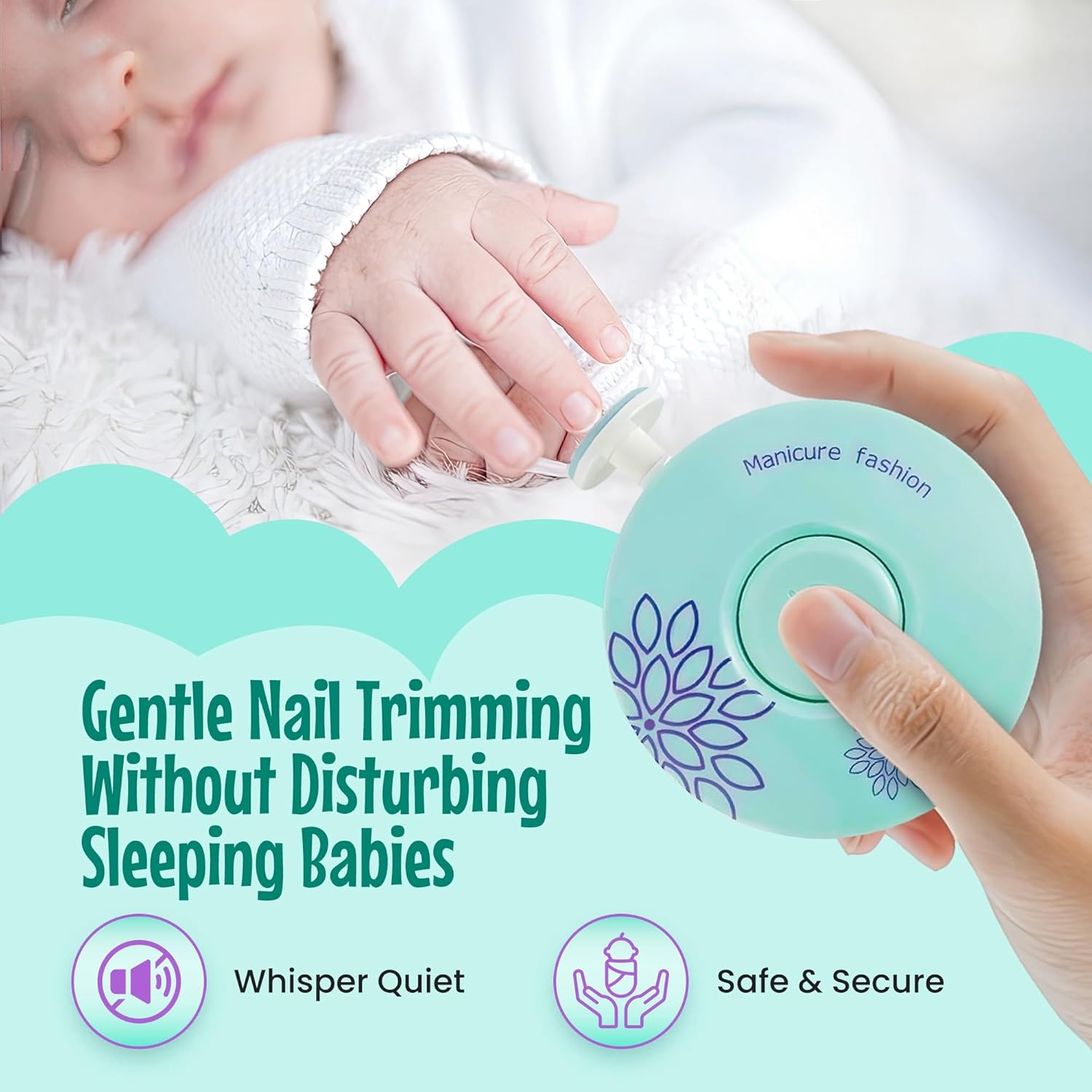 Electric Baby Nail Trimmer, File, Clipper, Manicure, Lightweight, Quiet, Newborn, Infant, Toddler, Adults, Fingernails and Toes, Polish, Safe, Easy to Use, All Ages, 6 Grinding Pads