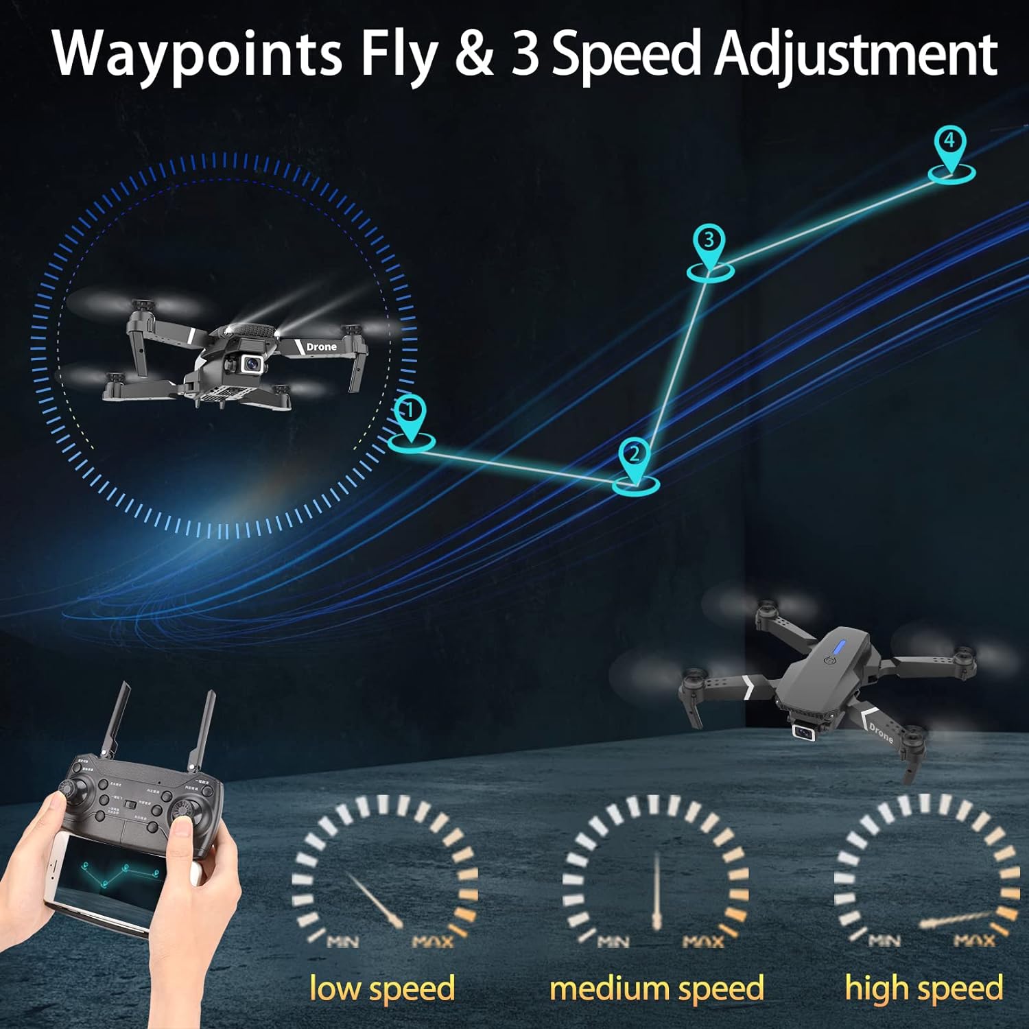 Drone with Dual Camera for Adults Kids, Foldable RC Quadcopter for Beginners, Toys Drone, 1080P FPV Video, 3 Batteries, Carrying Case, One Key Start, Headless Mode, Waypoints Fly, 360° Flips