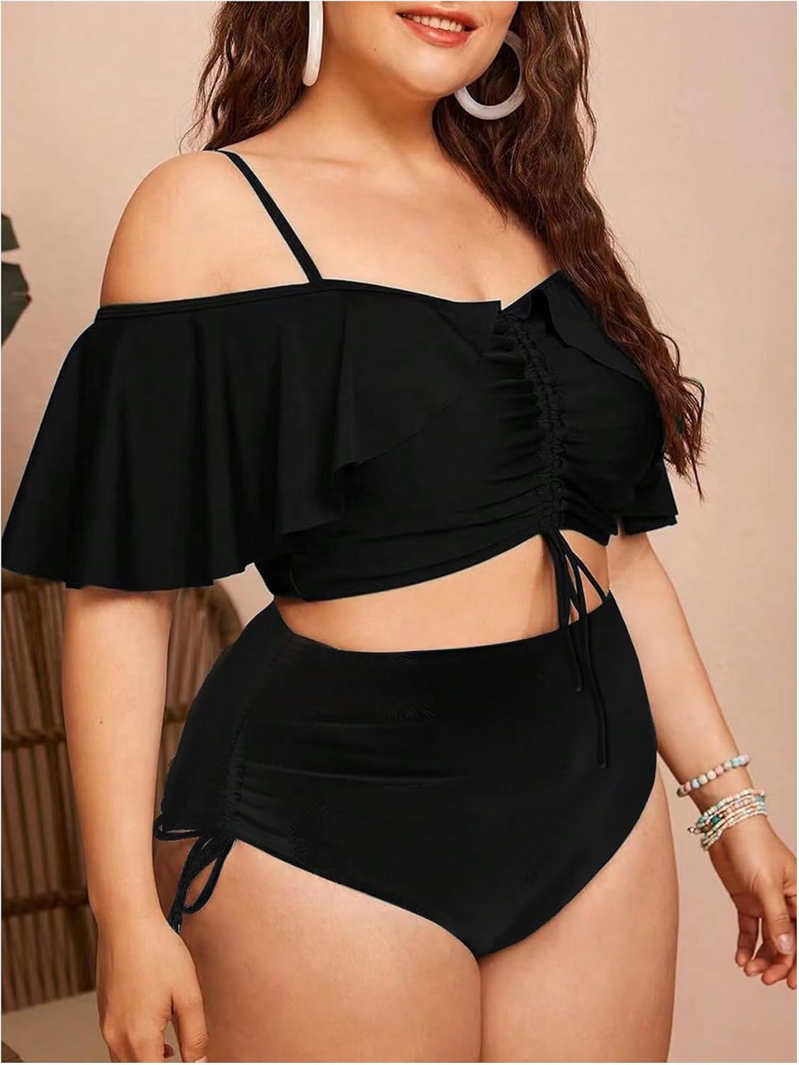 Women'S plus Size Two Piece Tankini Sets off Shoulder Ruffle Drawstring High Waisted Textured Swimsuits