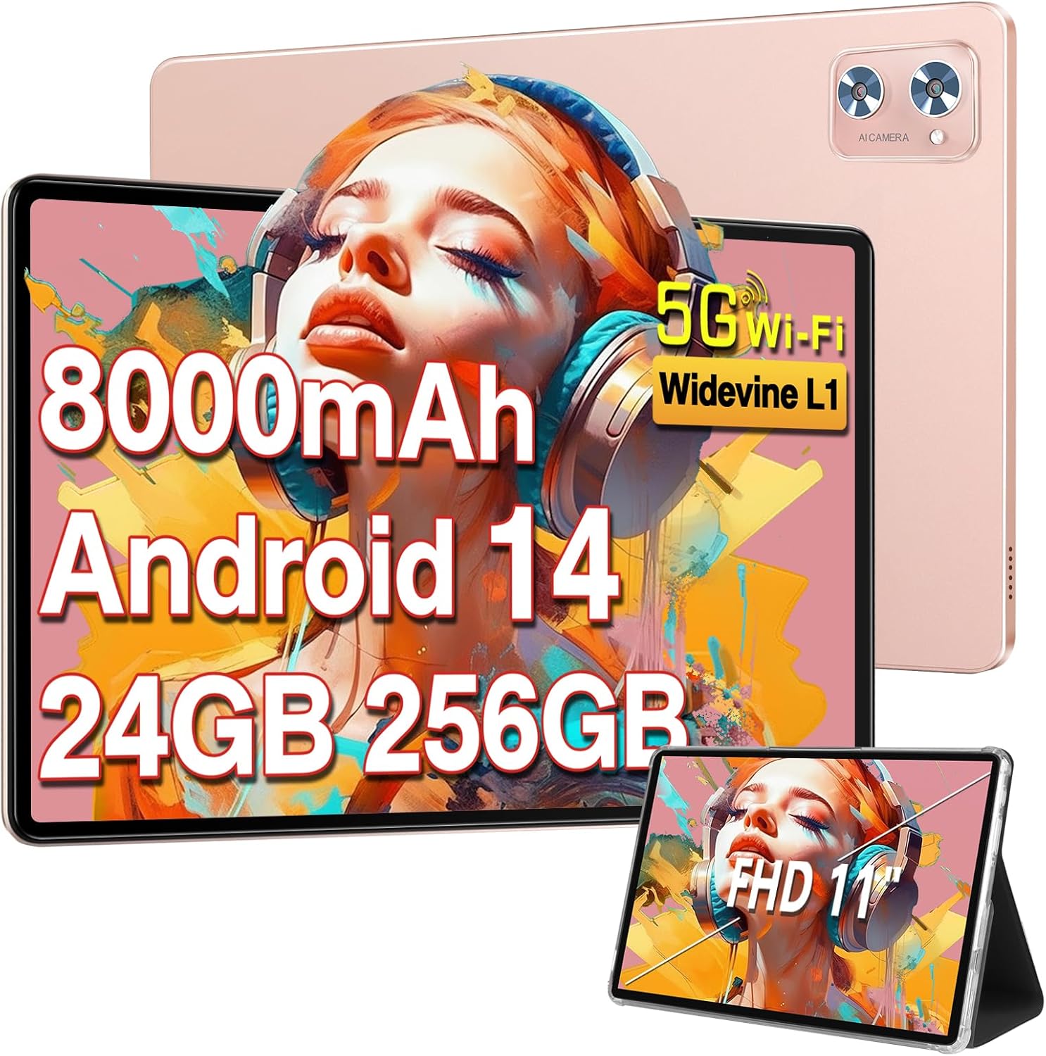 Tablet 11 Inch Android 14 Tablets, 24GB RAM 256GB ROM 1TB Expand, Octa-Core 8000Mah Battery Tablet PC with 13MP Camera, IPS HD Touchscreen, 5G Wifi, Widevine L1, Bluetooth 5.0, GPS - Black