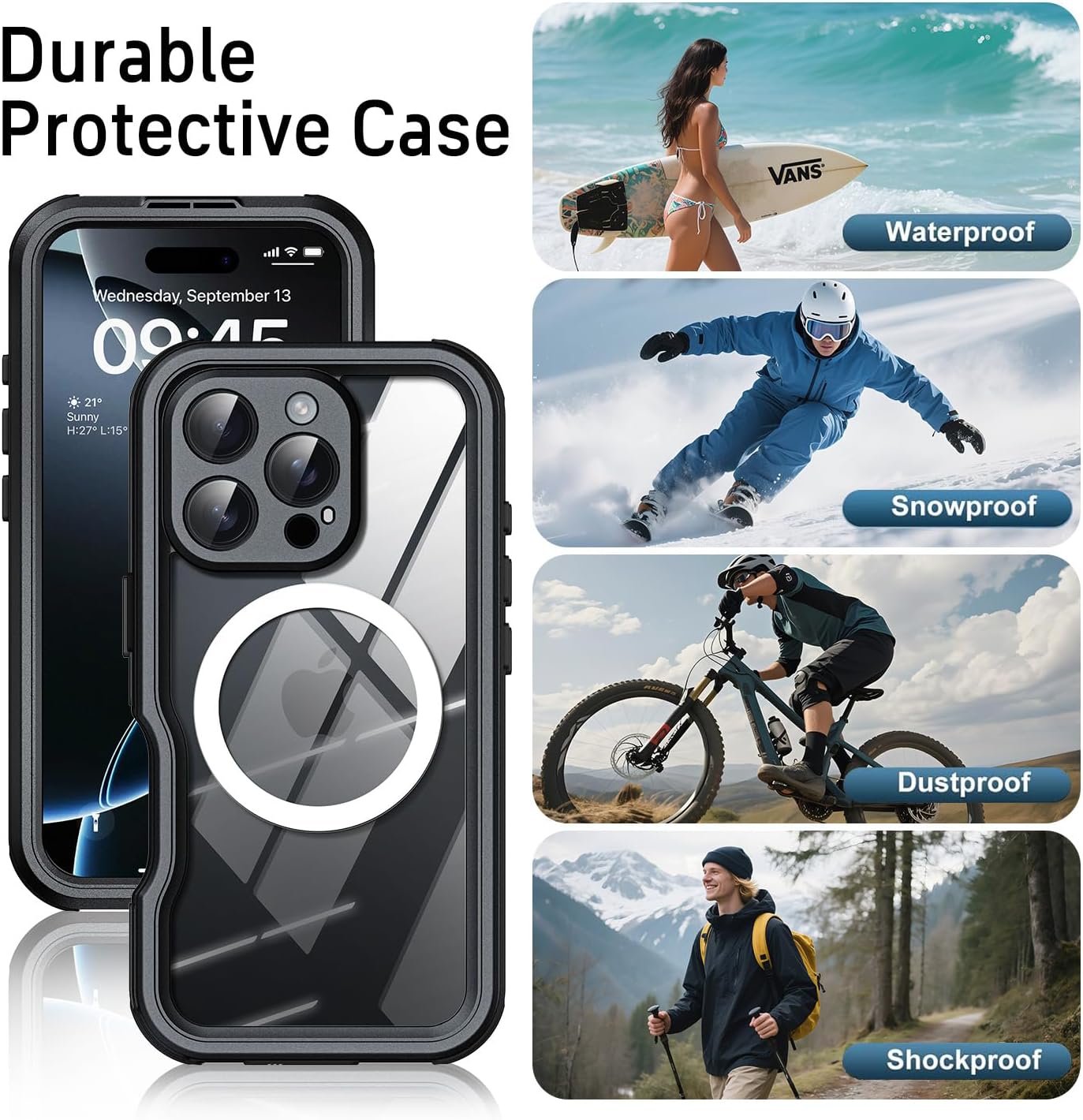 Waterproof Phone Case for Iphone 16 Pro Max, [Compatible with Magsafe] [IP68 Underwater] [Built-In Screen Protector & Glass Camera Protector] Full Body Shockproof Cover with Lanyard Black/Clear