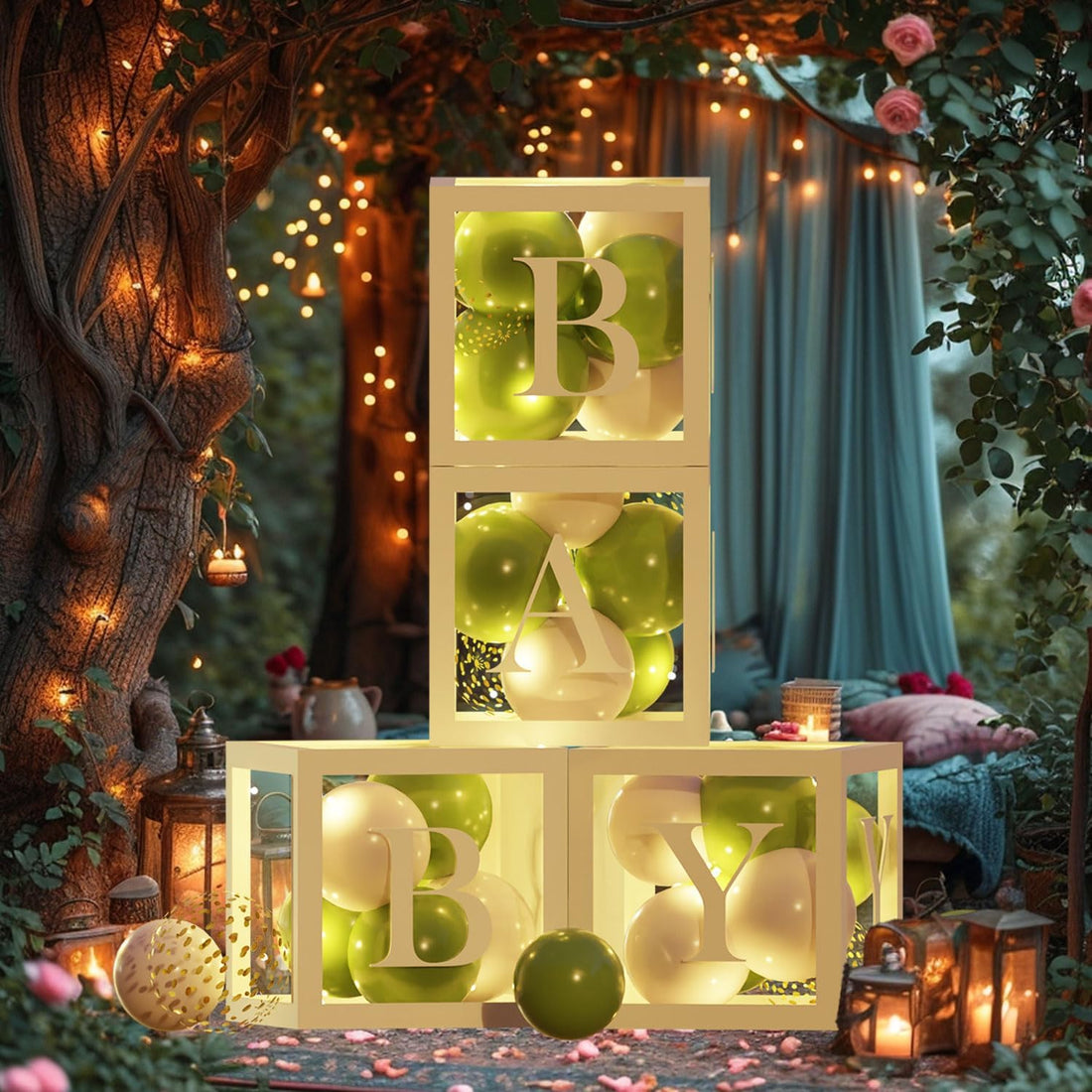 Baby Shower Balloon Boxes 4Pcs Clear Baby Blocks with Letters 4 Pack Led Fairy String Lights and 36Pcs Sage Green & Gold Balloons for Baby Shower Decorations，Birthday or Gender Reveal Parties
