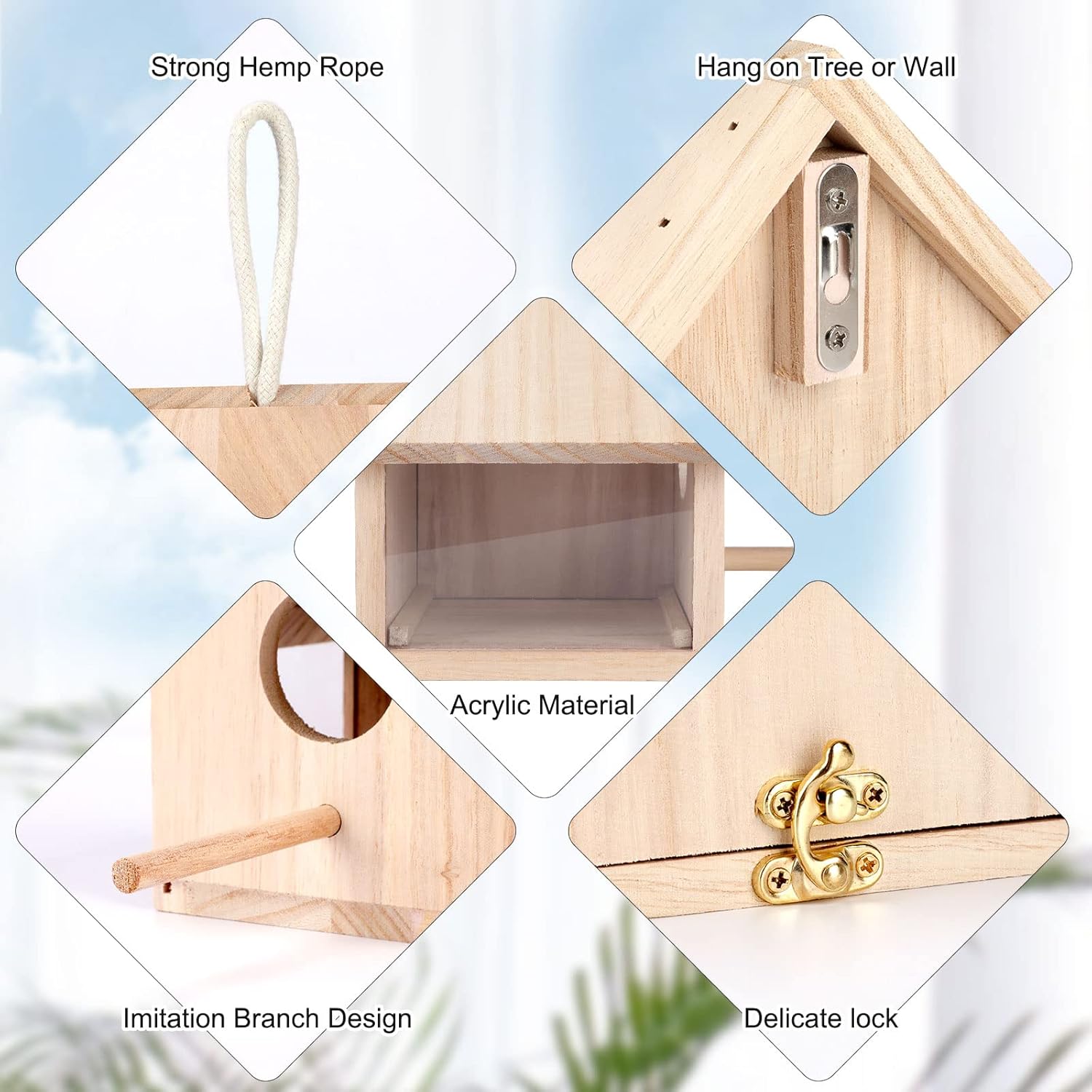 Outdoor Bird Houses Transparent Wooden Bird House for outside with Lanyard and Screws,Hanging Birdhouse Clearance for Finch Bluebird Cardinals Hummingbird