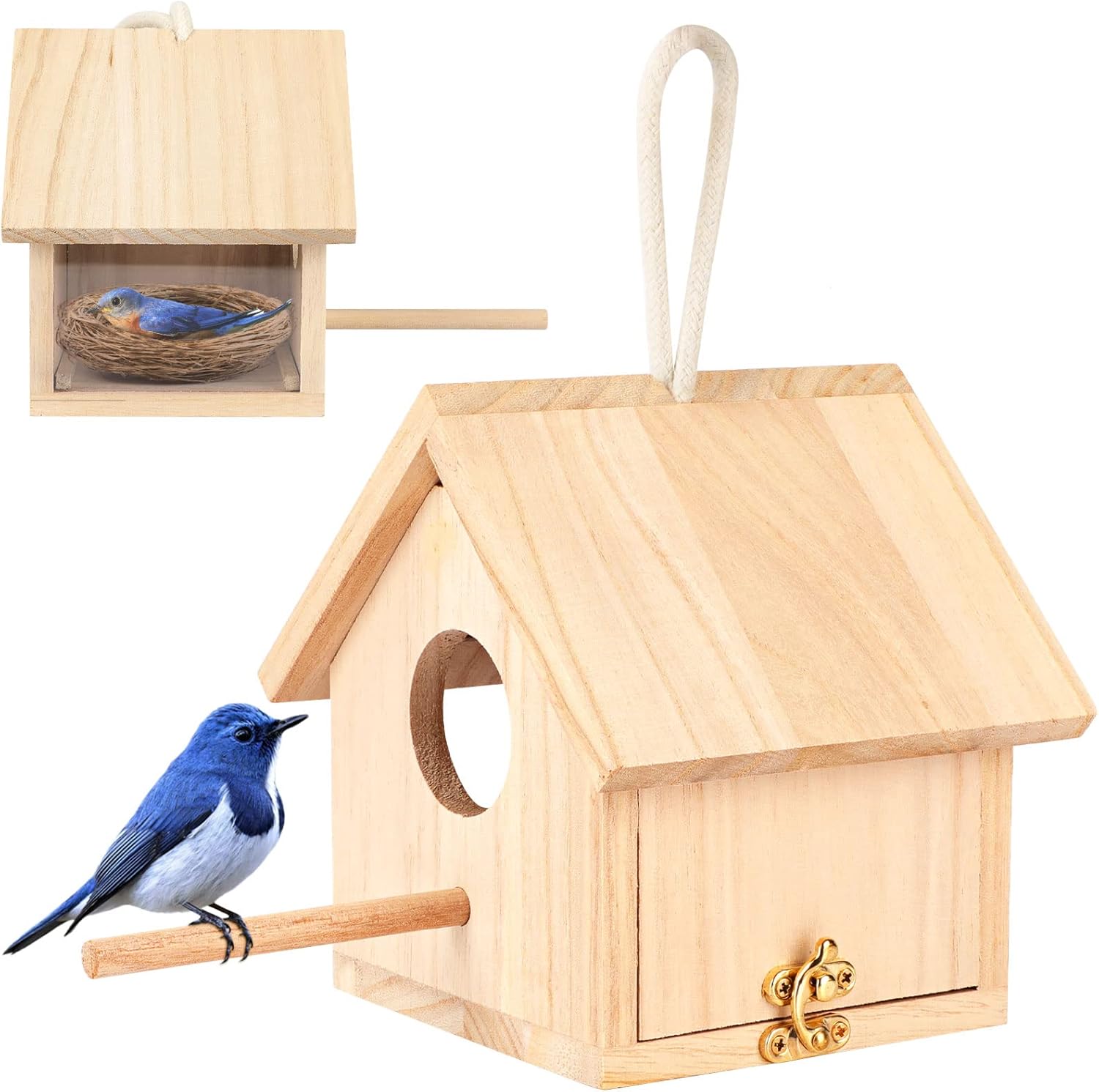 Outdoor Bird Houses Transparent Wooden Bird House for outside with Lanyard and Screws,Hanging Birdhouse Clearance for Finch Bluebird Cardinals Hummingbird
