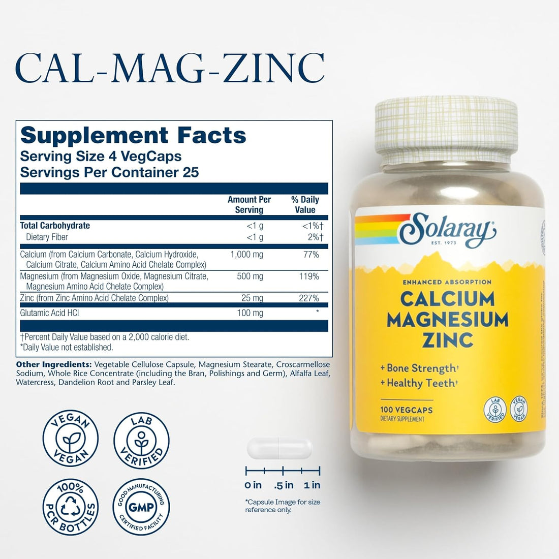 Calcium Magnesium Zinc Supplement - with Calcium 1000Mg, Magnesium 500Mg - Bone Health, Muscle Function, Heart Health and Immune Support - Vegan, 60 Day Guarantee, 25 Servings, 100 Vegcaps