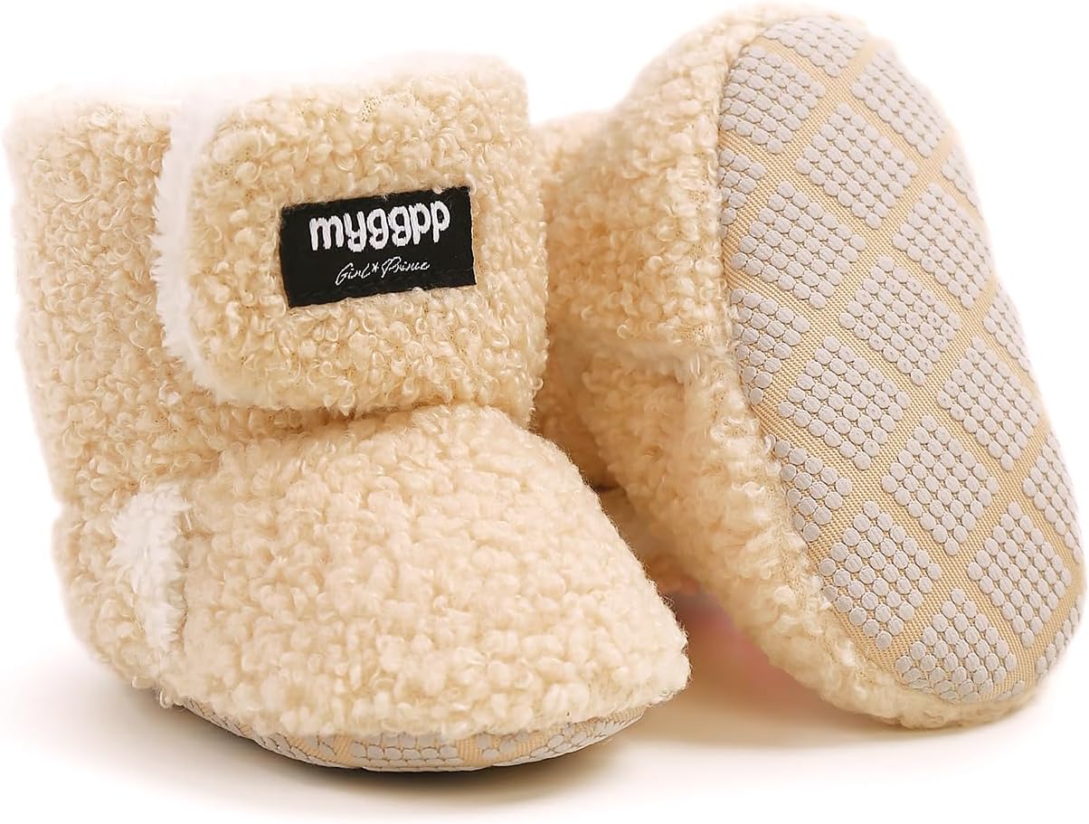 Baby Booties Cozy Fleece Slippers Soft Baby Shoes with Gripper Soles, Winter Infant Newborn Crib Sock Shoes Warm Footwear First Walkers
