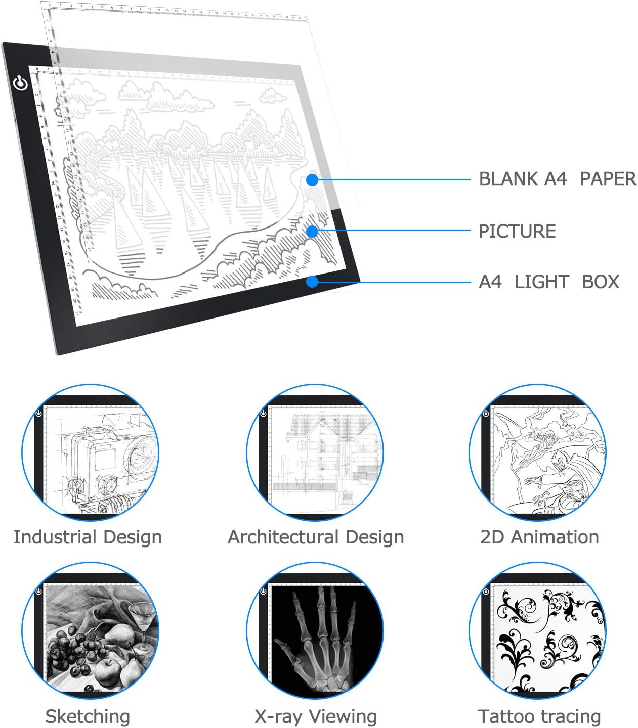 A4 LED Copy Board Light Tracing Box, Ultra-Thin Adjustable USB Power Artcraft LED Trace Light Pad for Tattoo Transferring, Drawing, Streaming, Sketching, Animation, Stenciling