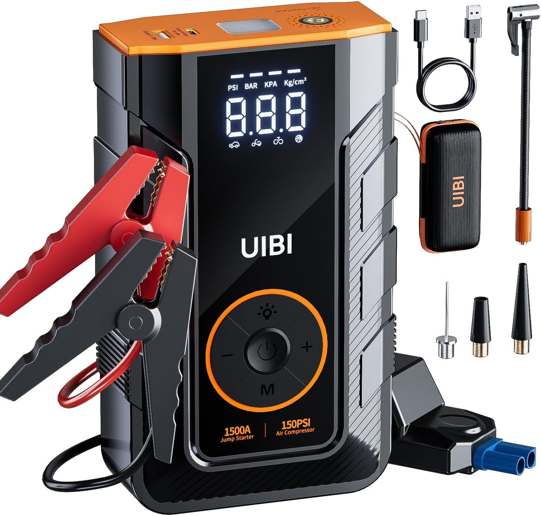 Jump Starter with Air Compressor, Fast Charg 45W X3 1500Amp Battery Jumper Starter Portable for 7.5L Gas or 5.5L Diesel Engine, 12V Jump Box with Smart Jumper Cables, 150PSI Tire Inflator, LED