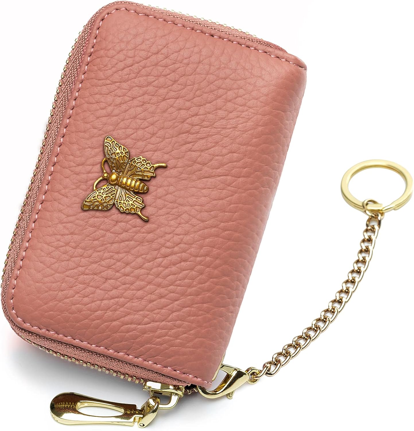 RFID Credit Card Holder for Women Genuine Leather Card Case Wallet with Zipper and Removable Keychain (Black)