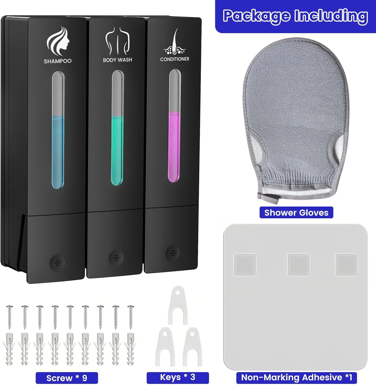 3 in 1 Shampoo and Conditioner Dispenser, 1200ML Capacity Shower Soap Dispenser Bathroom Set, 3 Chamber Shower Dispenser No Drill, Fashionable Wall Mounted Soap Dispenser for Bathroom & Hotel