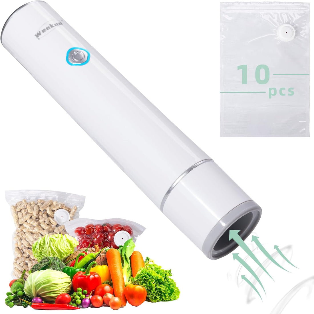 Handheld Vacuum Sealer for Food Storage – Portable & Rechargeable, Easy One-Hand Automatic Operation, 1 Vacuum Sealer + 10 Food Reusable Bags (30 Bags Optional)