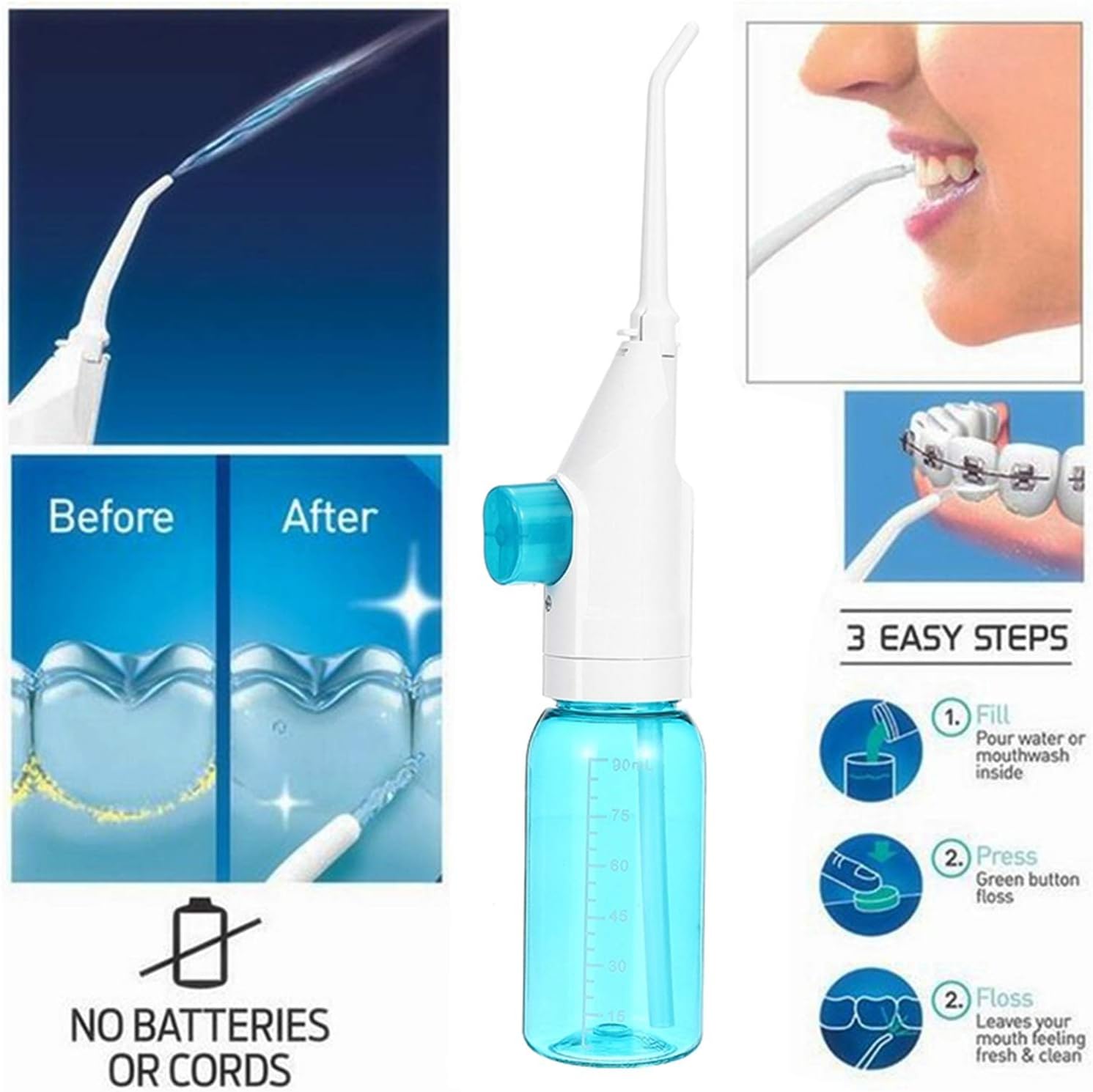 Portable Oral Irrigator Water Flosser Dental Water Toothbrush Toothpick Nasal Irrigator Implement Teeth Cleaner Oral Hygiene Flossers for Home Travel with 5Pcs Nozzles (Nozzle and Tongue Scraper)