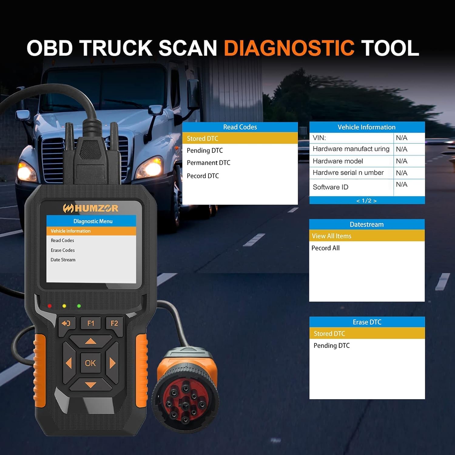 Heavy Duty Truck Scanner,Full System Diesel Diagnostic Scan Tool and Code Reader for Cummings, Detroit,Freightliner,International,Paccar,Check Truck Engine and Car 2 in 1 Code Reader/Obd2 Scanner