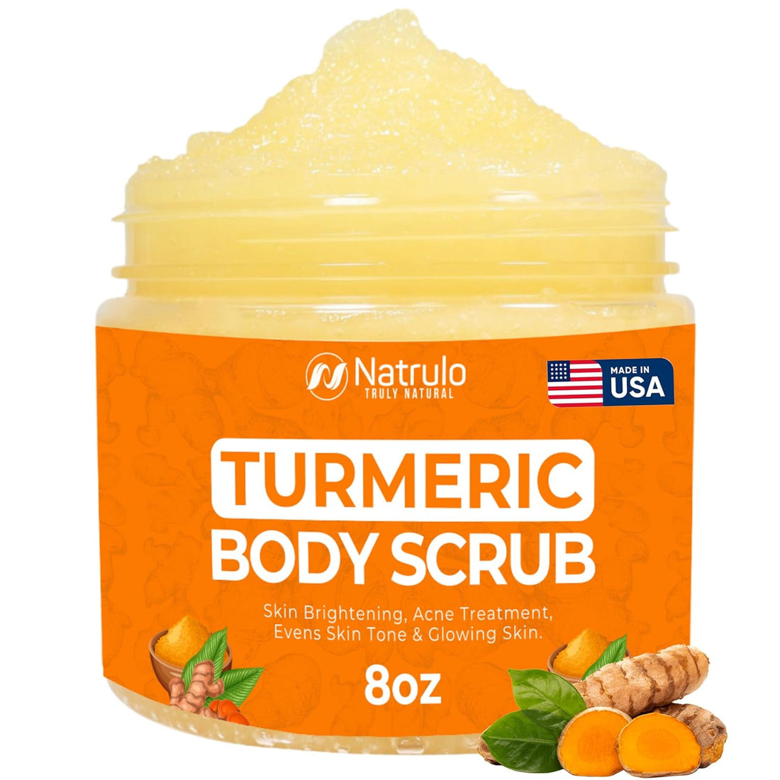 Turmeric Body Scrub – Natural Exfoliating Skin Brightener for Face & Body (8oz, Made in USA)