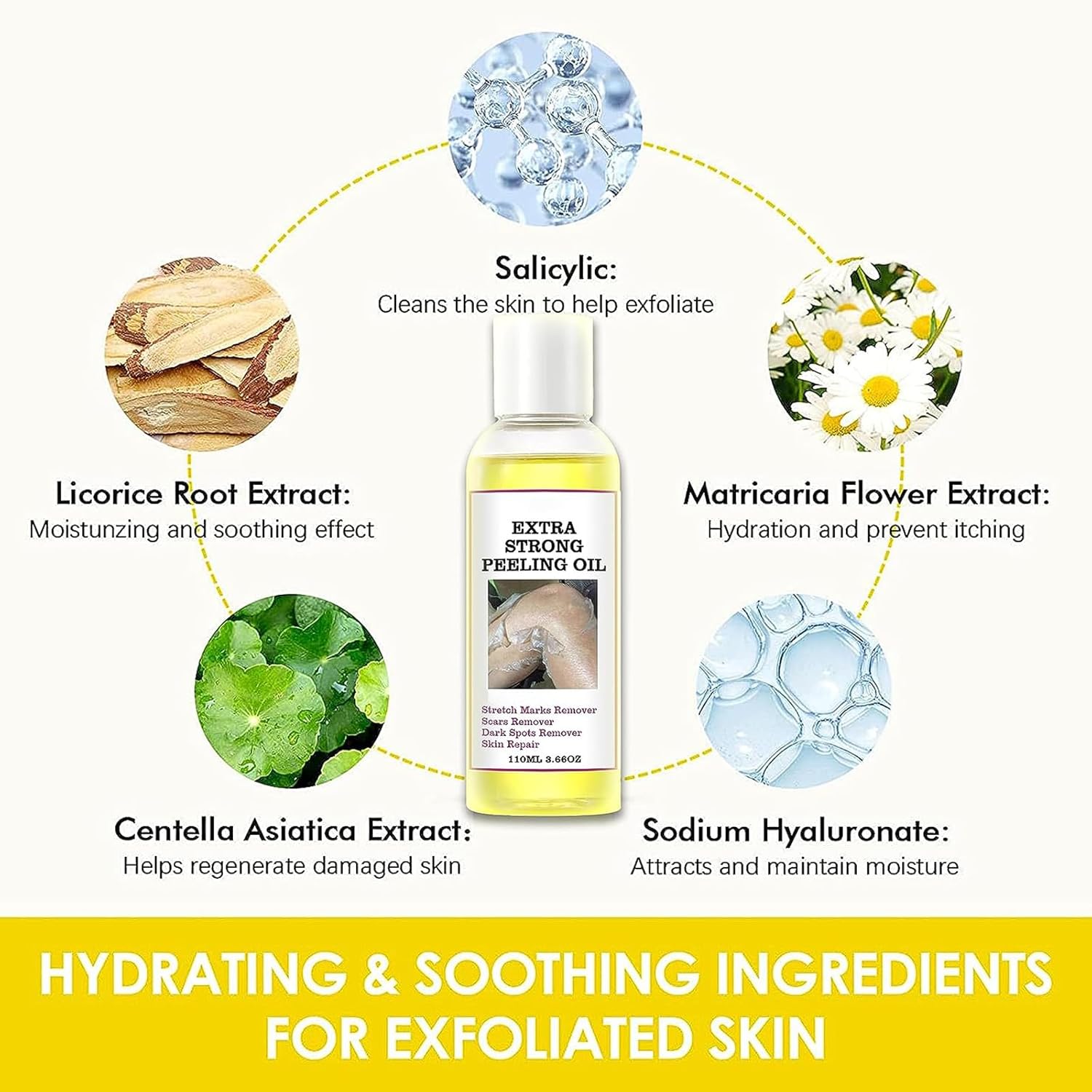 Yellow Peeling Oil, Peeling Oil for Dark Skin, Strong Peeling Oil Extra Strength, Exfoliating Peeling Solution for Body All Skin Type Dead Skin Remover (3.87 Fl Oz / 110ML)
