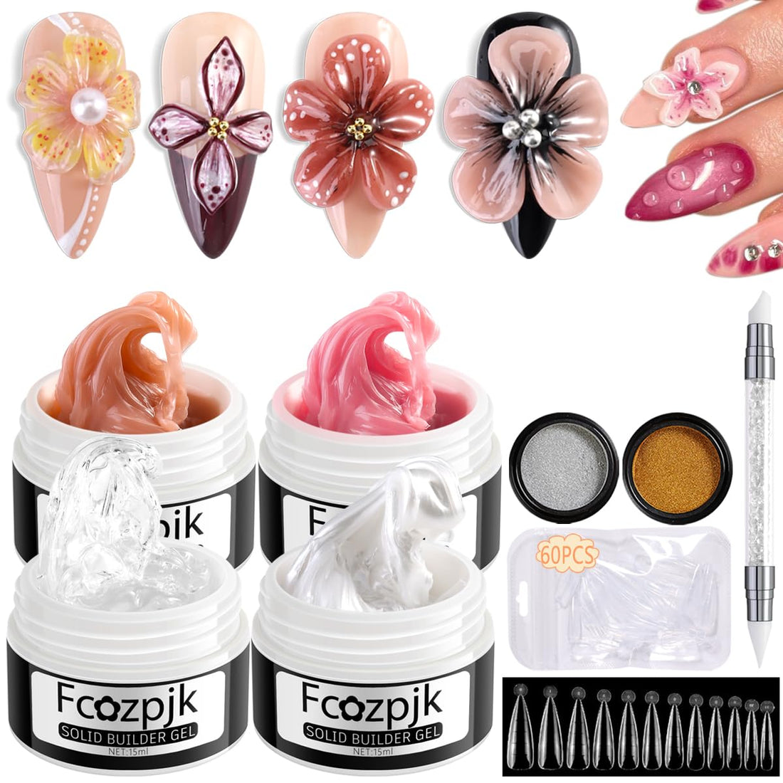 Solid Builder Gel for Nails, 4 Colors Solid Builder Gel Non-Sticky Clear Nude Pink Pearl White Hard Gel for Nails 3D Sculpture Gel Flower Carving Modeling Design Nail Extension Gel Kit