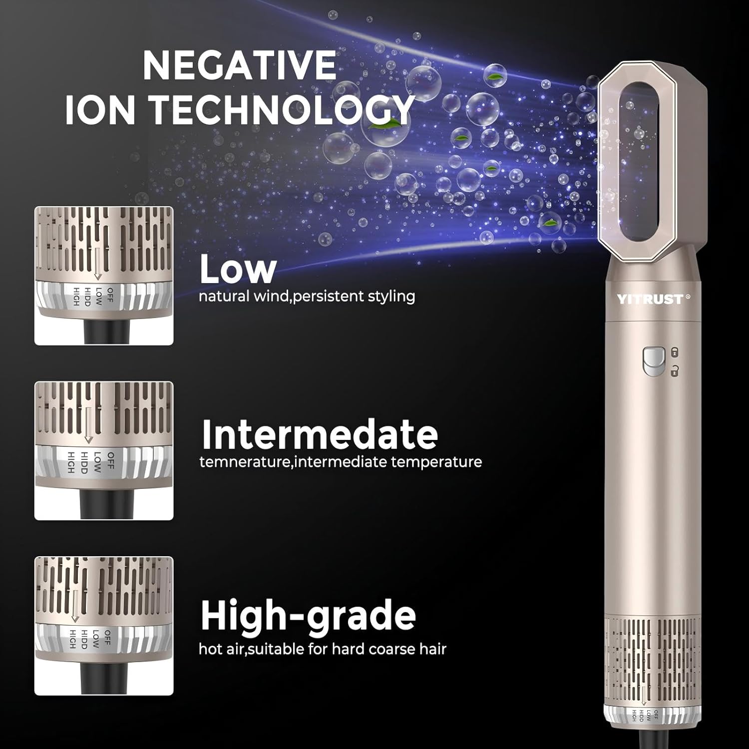 Hair Dryer Brush 6 in 1 Detachable Blow Dryer Brush Set 60000RPM Hair Styling Tool 1000W Professional Hot Air Styler Negative Ionic Hot Air Brush Auto Air Curler Straighten round Brush (Gold)