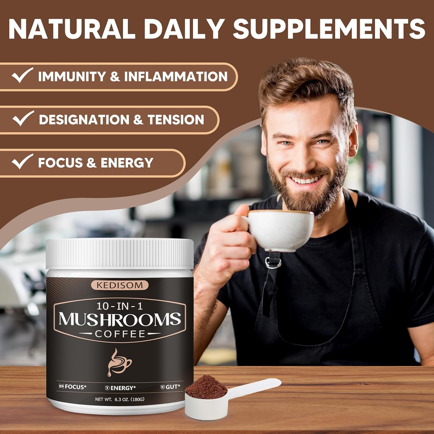 10 in 1 Mushrooms Coffee, Instant Mushroom Coffee Powder with Lion'S Mane, Cordyceps, Reishi, Shiitake, Turkey Tail, King Trumpet, for Focus, Energy, Immunity, 180G, 60 Servings