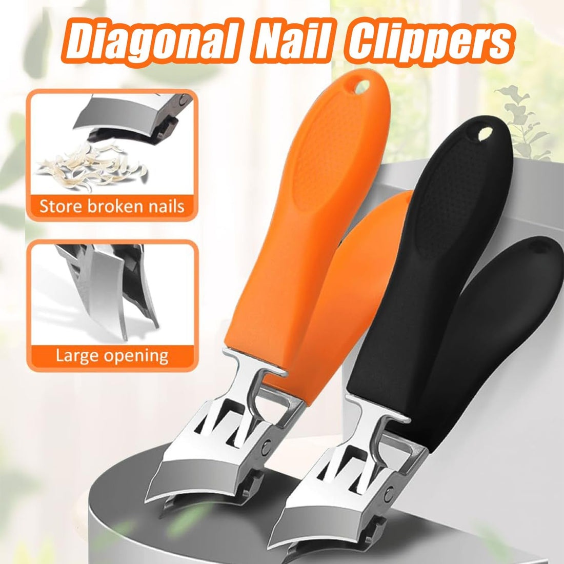 2PCS Wide Jaw Opening Anti-Splash Slanted Nail Clipper, Nail Clippers for Ingrown Nails Thick Toenails, Long Handle No Splash Nail Trimmer, Toenail Clippers for Women and Men (Orange & Black)