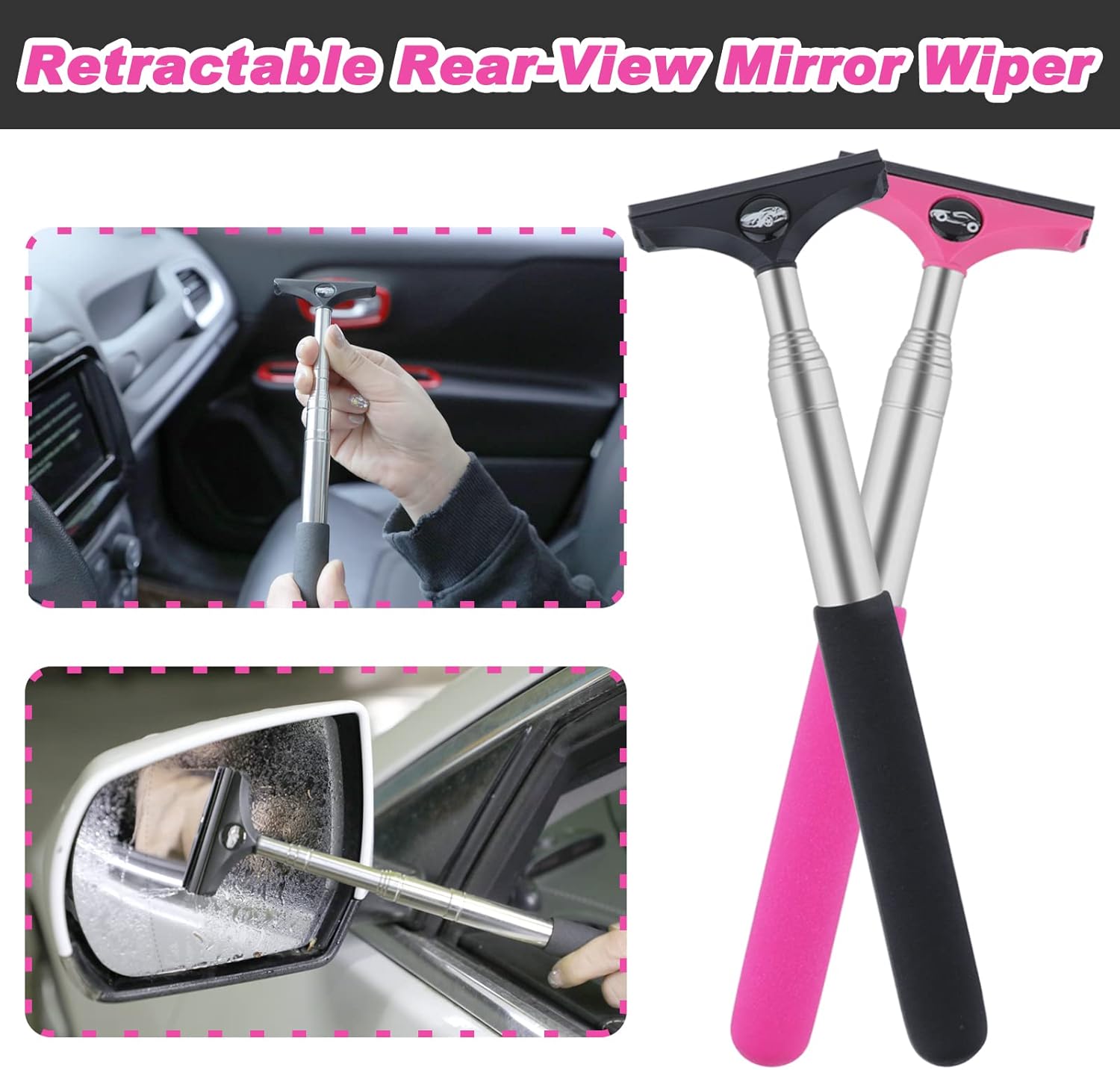 Side Mirror Squeegee, 2 PCS Car Mirror Squeegee, Retractable Car Rearview Mirror Wiper for All Vehicles, Universal Automotive Accessories(Black/Pink)
